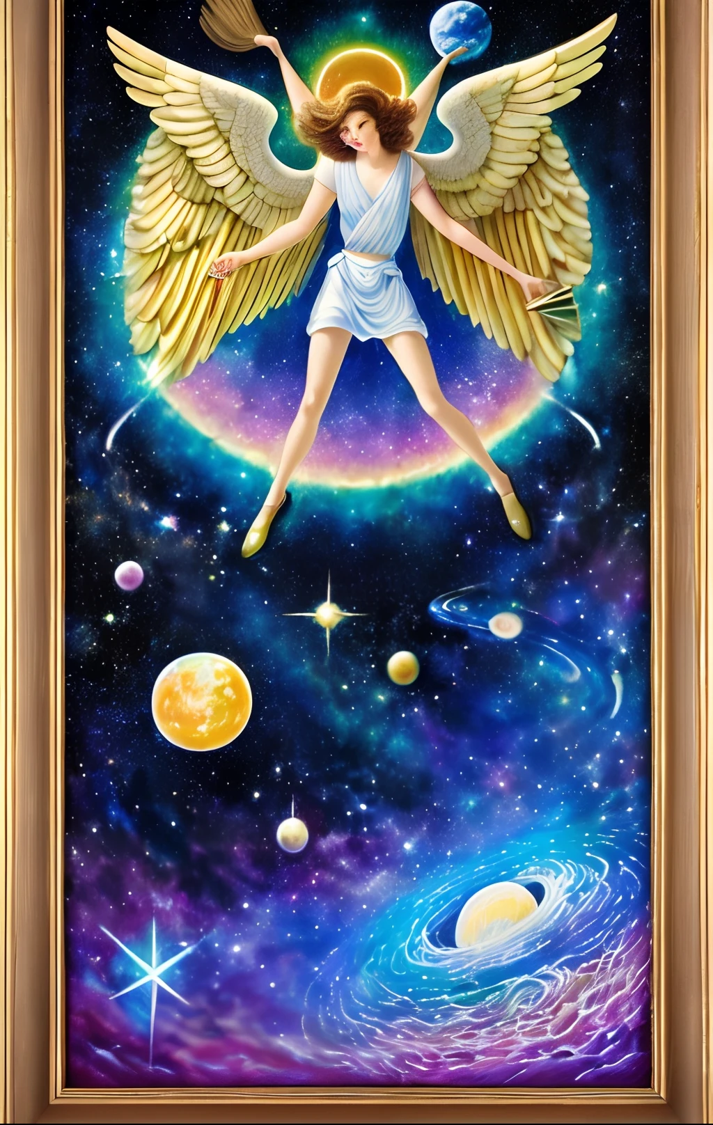 (masterpiece, highest quality, high resolution, absurdity, detail: 1.2), angels, goddesses, symmetrical angel wings growing on the back, looking away, beautiful decorative frame, (paint brush, iridescent, holographic: 1.6), (universe, celestial body, planet, star, milky way)