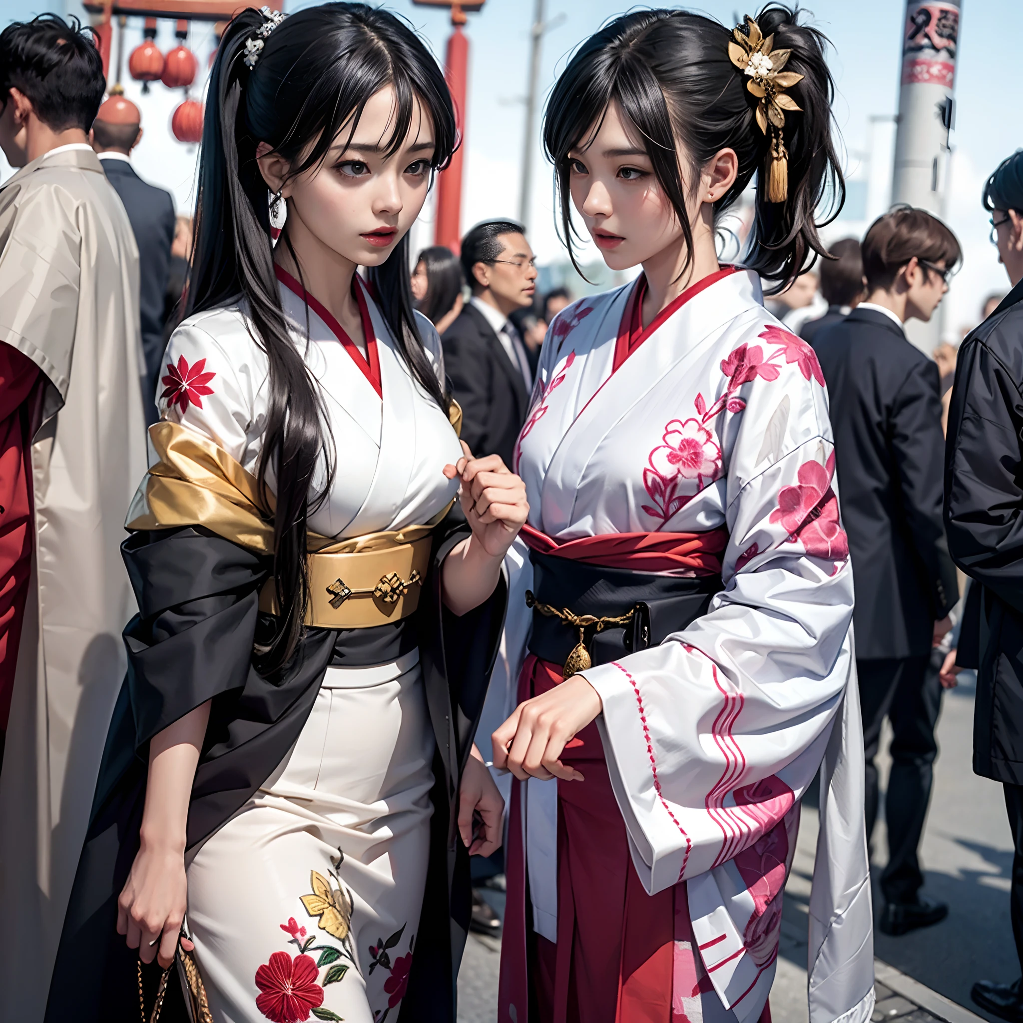 BRAEK,Background of details(Temples and shrines in Asakusa(Crowds)),BREAK,elaborate costume{Luxury kimono(Colorful kimono(detailed embroidery,))}、1womanl(Japanese actressl:1.2)(face perfect(Shy):1.2),Depicting a beautiful and classy adult woman,glossy dark hair(poneyTail:1.5),Heart in the eye, Wallpapers 16K,Blur the background with a sickle,((masutepiece)), ((Best Quality)),{{a portrait photo of}},full body Esbian