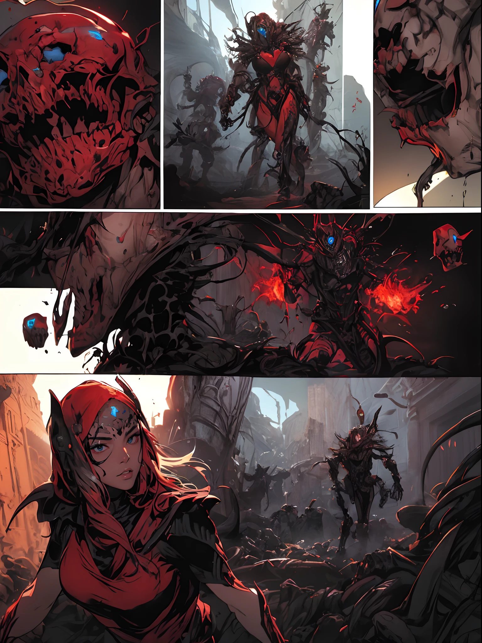 Comic Panels:2，The art of HR Giger and Beksinski comes together in this detail,Determined female warrior，Bloodstained mutant humanoid skeleton monster:1.5，beauitful face，Sophisticated haute couture combat clothing，superheroine，Large amounts of corrosive liquids:1.5，Silk belt，Complex hairstyles，Dark horror scene. Sharp images, Use edge lights to render at 8K resolution, Twisting and pulsating. HDR lighting，Complex and detailed shadows, Surreal and dreamlike elements，