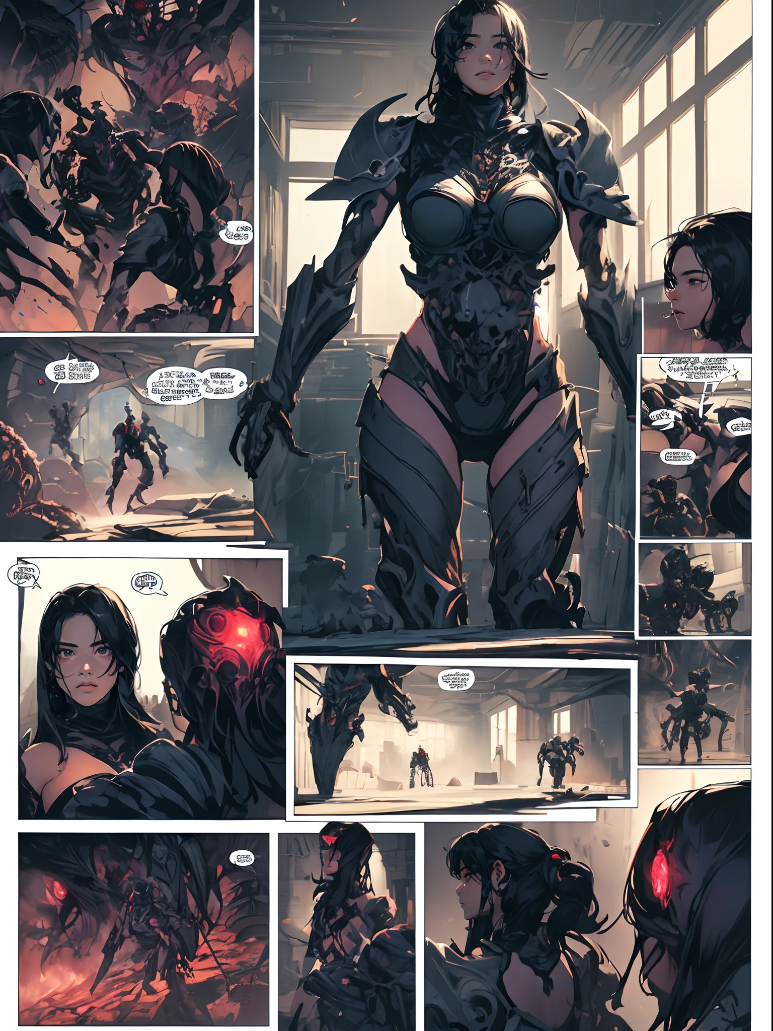 Comic Panels:2，The art of HR Giger and Beksinski comes together in this detail,Determined female warrior，Bloodstained mutant humanoid skeleton monster:1.5，beauitful face，Sophisticated haute couture combat clothing，superheroine，Large amounts of corrosive liquids:1.5，Silk belt，Complex hairstyles，Dark horror scene. Sharp images, Use edge lights to render at 8K resolution, Twisting and pulsating. HDR lighting，Complex and detailed shadows, Surreal and dreamlike elements，