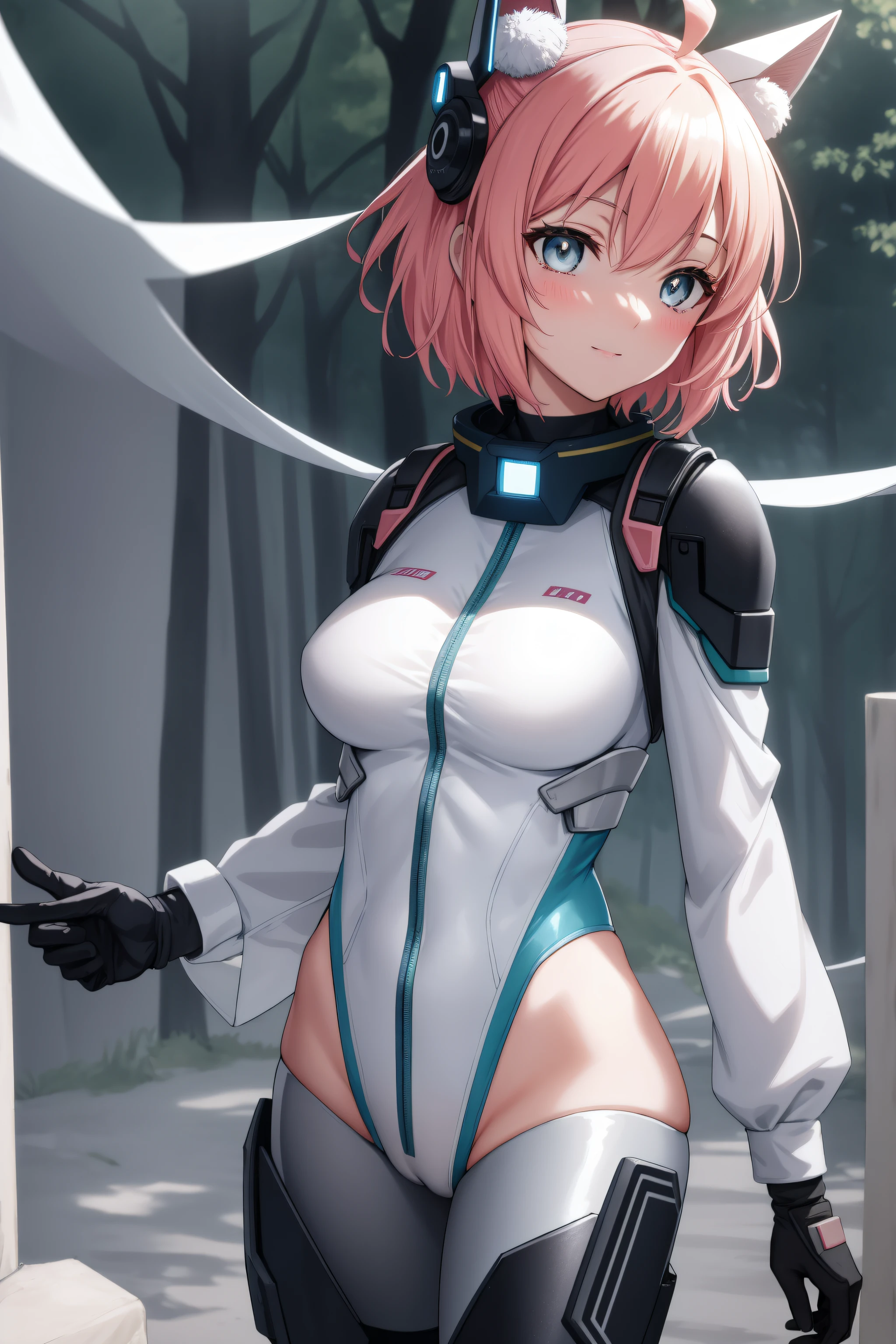 in a forest with fog and trees in the background and a light shining through her
bodysuit, headgear, plugsuit, white bodysuit,
okita souji, ahoge, pink hair, hair between eyes, (hair bow), (short hair:1.2), yellow eyes,
1 girl, 20yo,young female,Beautiful Finger,Beautiful long legs,Beautiful body,Beautiful Nose,Beautiful character design, perfect eyes, perfect face,
looking at viewer, (innocent_big_eyes:1.0),(expressionless:1.3),seductive anime girl.teasing smile, 
NSFW,official art,extremely detailed CG unity 8k wallpaper, perfect lighting,Colorful, Bright_Front_face_Lighting,
(masterpiece:1.0),(best_quality:1.0), ultra high res,4K,ultra-detailed,
photography, 8K, HDR, highres, absurdres:1.2, Kodak portra 400, film grain, blurry background, bokeh:1.2, lens flare, (vibrant_color:1.2)
(Beautiful,medium_Breasts:1.4), (beautiful_face:1.5),(narrow_waist),(perfect hands, perfect anatomy),