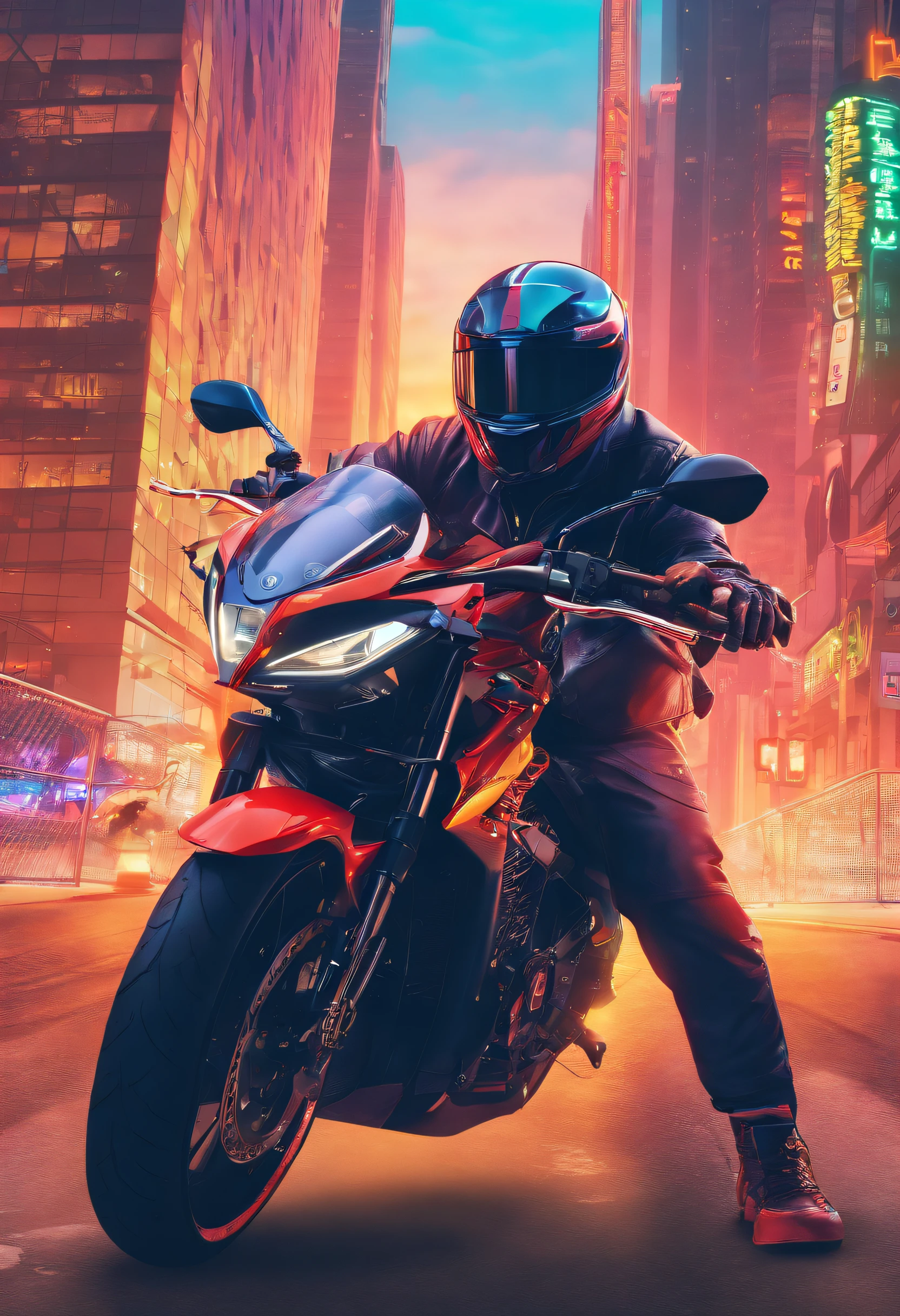 (best quality,4k,8k,highres,masterpiece:1.2),ultra-detailed,(realistic,photorealistic,photo-realistic:1.37),artwork, glassmorphism, motorcycles rider, full-face helmet, road biking, city background, reflections, vibrant colors, dynamic lighting, urban scenery, stylish composition, speed and motion effects, detailed motorcycle engine, futuristic atmosphere, sleek and shiny surfaces, architectural elements, busy streets, high-rise buildings, bustling city life