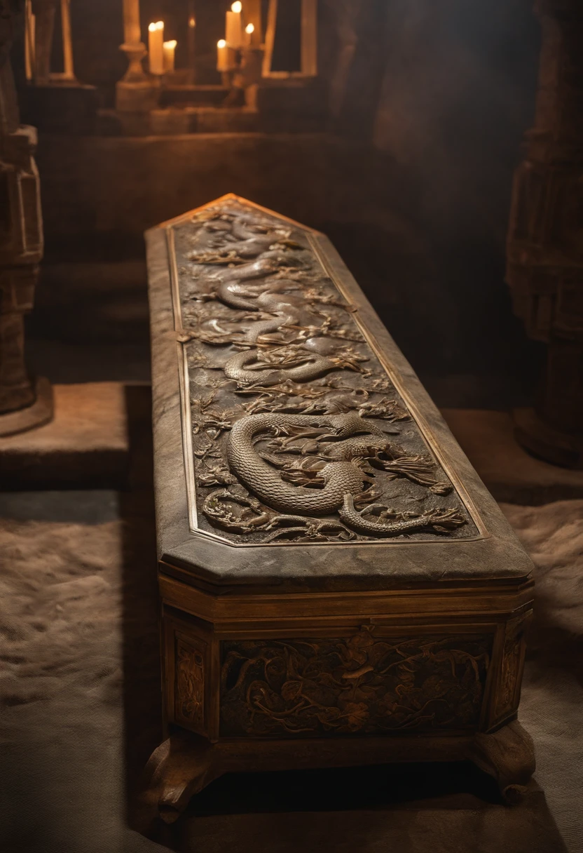 Stone coffin,There is a dragon inlay,Rich coffin,Hanging coffin,You can see the whole coffin,detail-rich,k hd,Perspective looking up