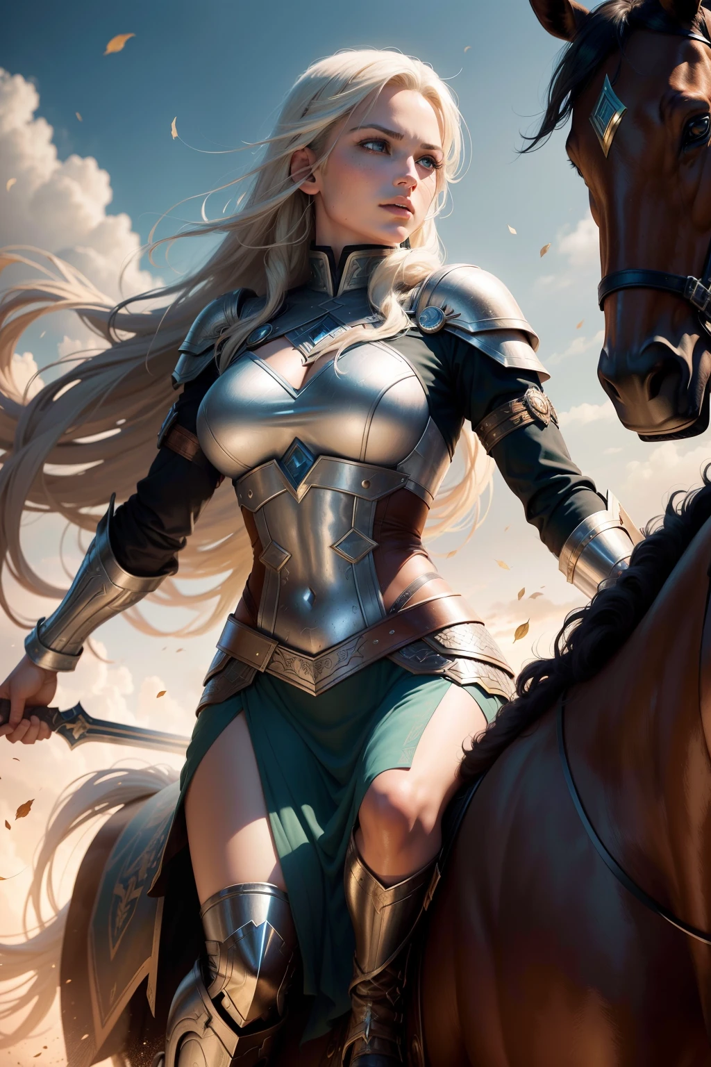 New York, Square of Time, Valkyrie, also known as Brunnhilde, is a character from Marvel Comics. She is an Asgardian warrior and a member of the Valkyries, a group of godlike warriors tasked with escorting the souls of fallen warriors to Valhalla. Valkyrie is skilled in hand-to-hand combat, wielding a sword and riding a majestic (horse) called Pegasus. She possesses superhuman strength, stamina, and longevity due to her Asgardian heritage. Additionally, Valkyrie is notable for her leadership, determination, and loyalty to her fellow Asgardians and the Avengers. Her presence brings a touch of mysticism and heroism to the mythology of the Marvel Universe. (best quality: 1.0), (Ultra Highres: 1.0), highly detailed face and eyes, (photorealistic: 1.2)