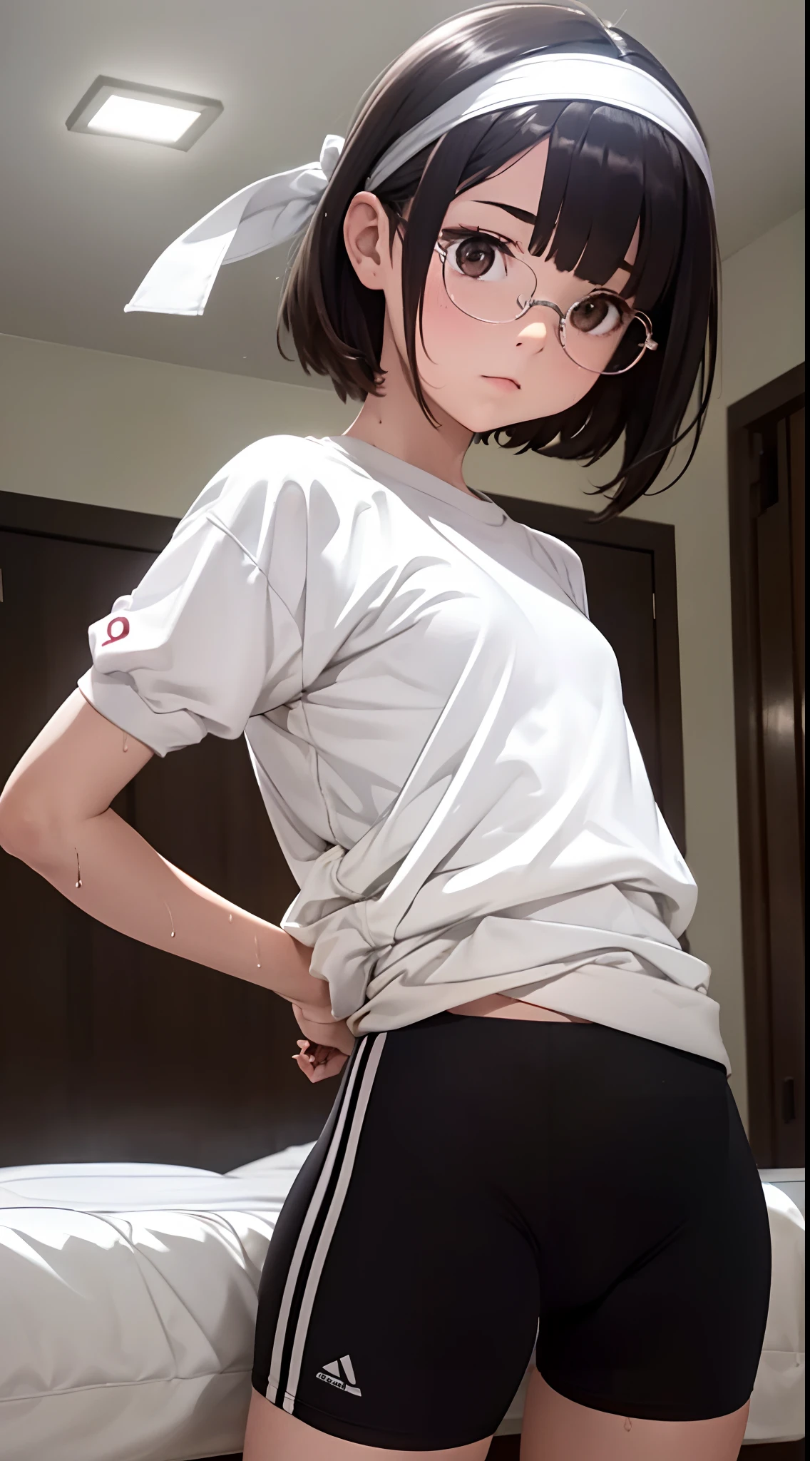 (masutepiece, Best Quality, Capture super cute moments, depth of fields, ultra-detailliert, Ultra High Resolution, C4D, Octadale, 3D Modeling, 8K, 16 K, one girls,a , small tits,A dark-haired,short-hair,straight haired,Light brown eyes,White headband,wearing black glasses,Cute face),  Translucent gym clothes,Wet clothes,crass room,knight,moon light,  looking back over the shoulder