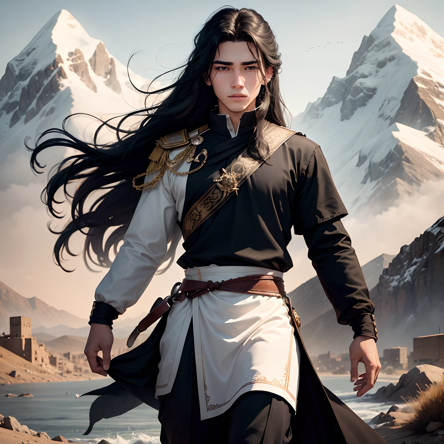 In the background are mountains, A young man, 18 years old named Men, black eyes, long hair, White, wearing a black tunic, run