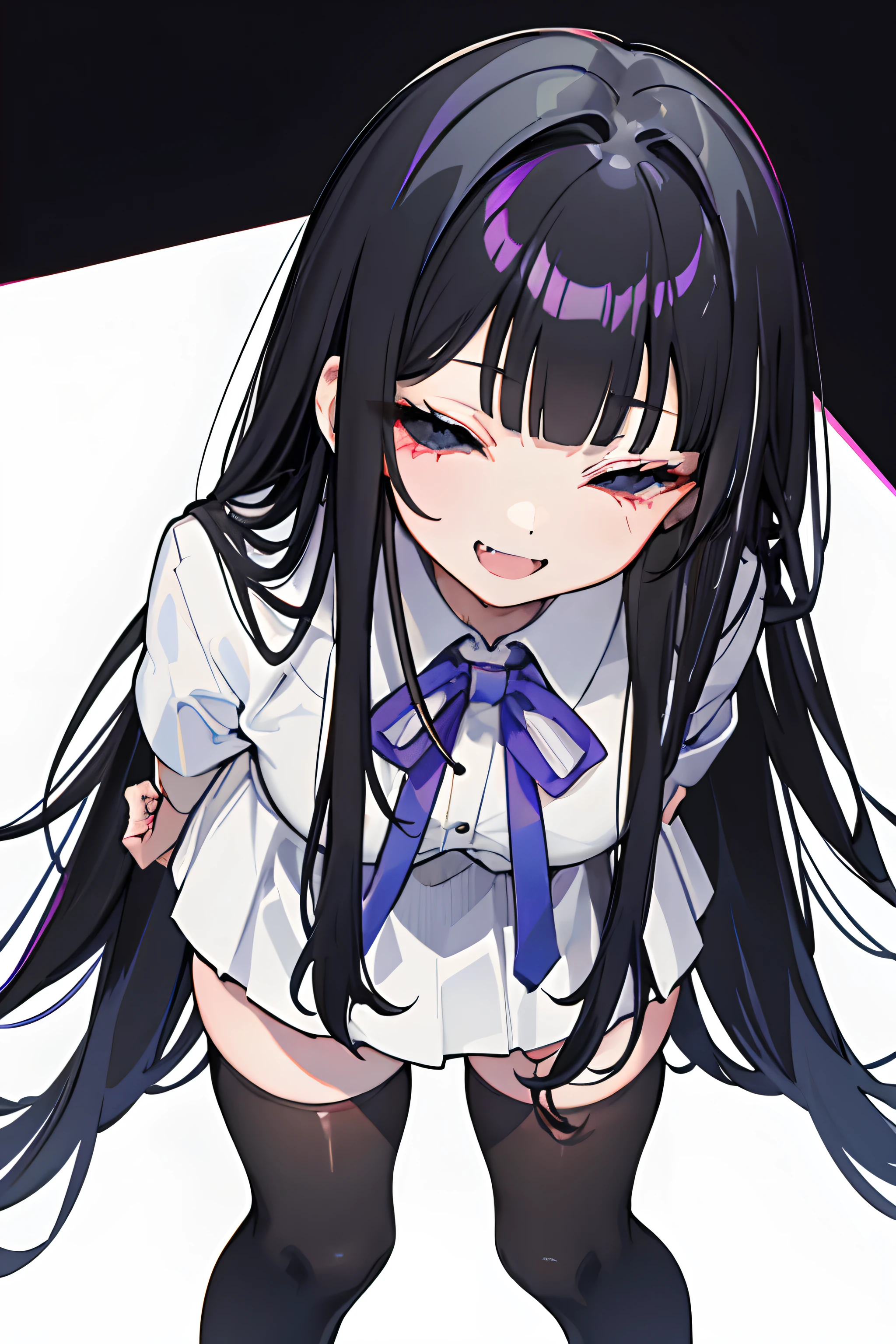 (from above),pov,(looking up),bright,(head down), solo,1girl,mesugaki, blunt bangs, black long hair,shiny skin, standing,(bent over:1.2),arms behind back, half closed eyes, :D,(smirk,naughty face:1.2),upper teeth,skin fang, skirt, white thighhighs