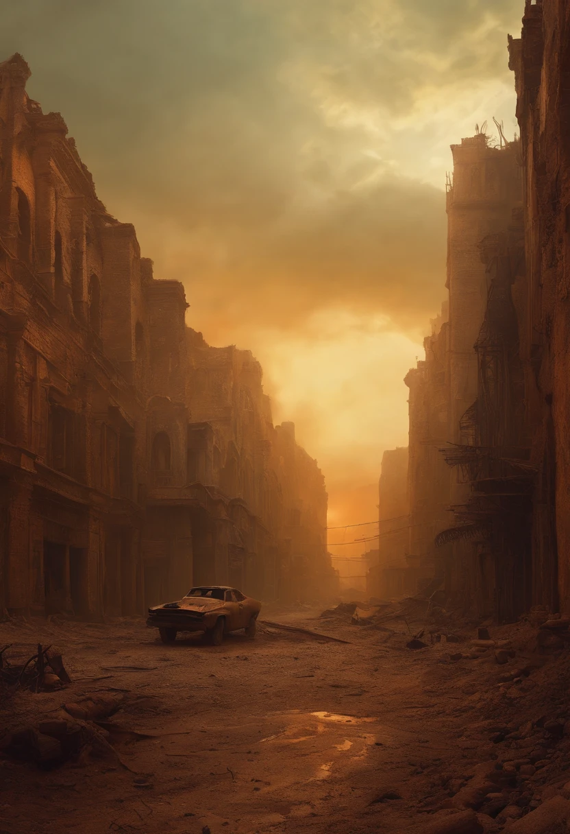 apocalyptic city,ruined buildings,Post-Apocalyptic,Zdzislaw Beksiński,Mad Max: Fury Road,low key lighting