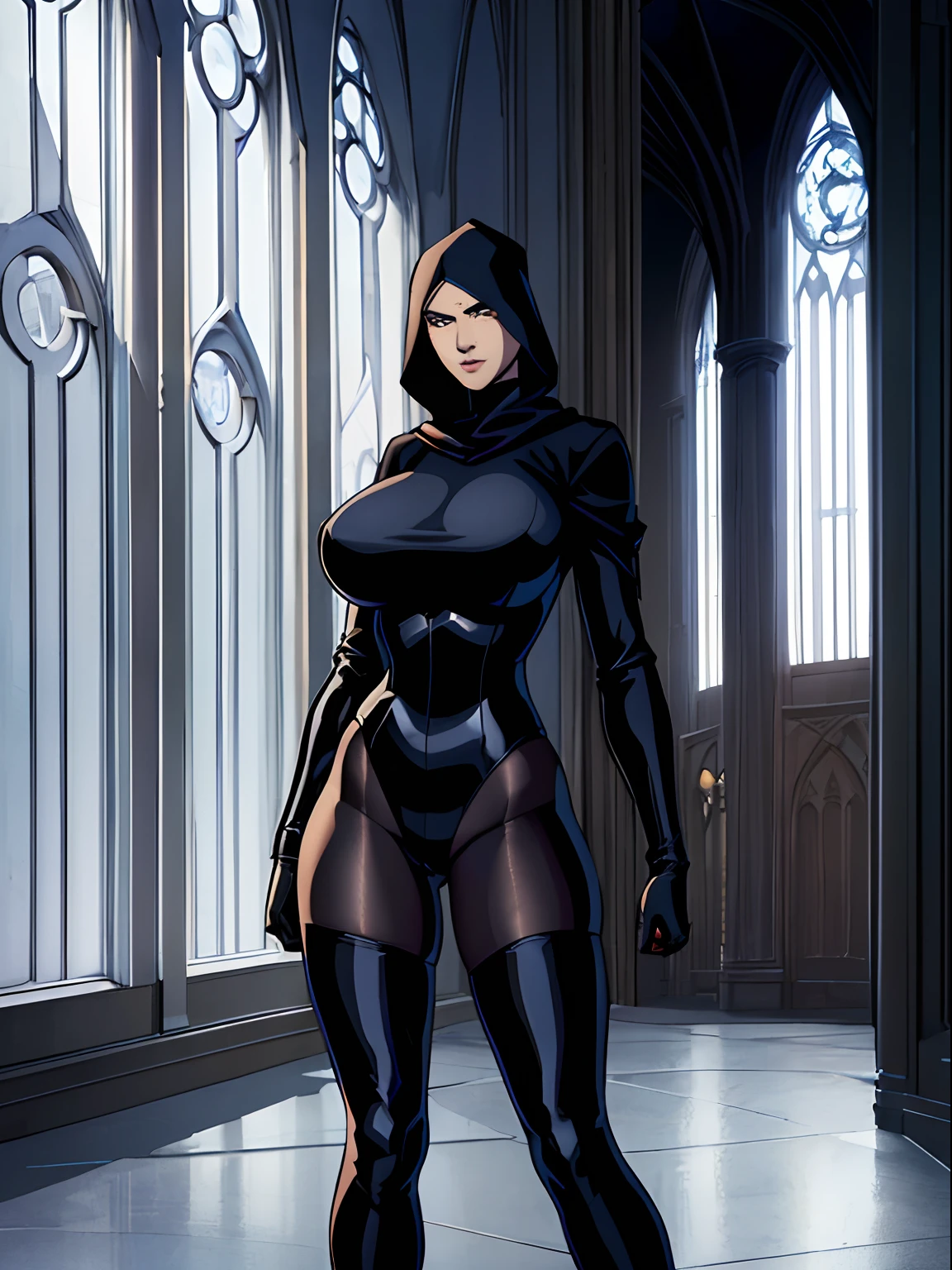 (masterpiece, top quality, best quality, official art, beautiful and aesthetic:1.2), (1girl:1.3), light freckles, fair skin, extremely detailed, portrait, looking at viewer, solo, (full body:0.6), detailed background, close up, (dark gothic theme:1.1), athletic busty petite nun with guns, charlatan, smirk, mysterious, swaggering through cathedral, modest attire, black habit, cowl, nun hood, wimple, thigh-high boots, bodysuit, leotard, corset, thigh-highs, tights, loose sleeves, cloak, leather straps, ammunition pouches, long boots, submachineguns, SMGs, MP5s, thigh pouches, holsters, garters, ((((narrow hips, slim sexy body, gigantic breasts)))), slim waist, slim hips, long legs, modern (cathedral exterior:1.1) background, dark mysterious lighting, shadows, magical atmosphere, dutch angle,