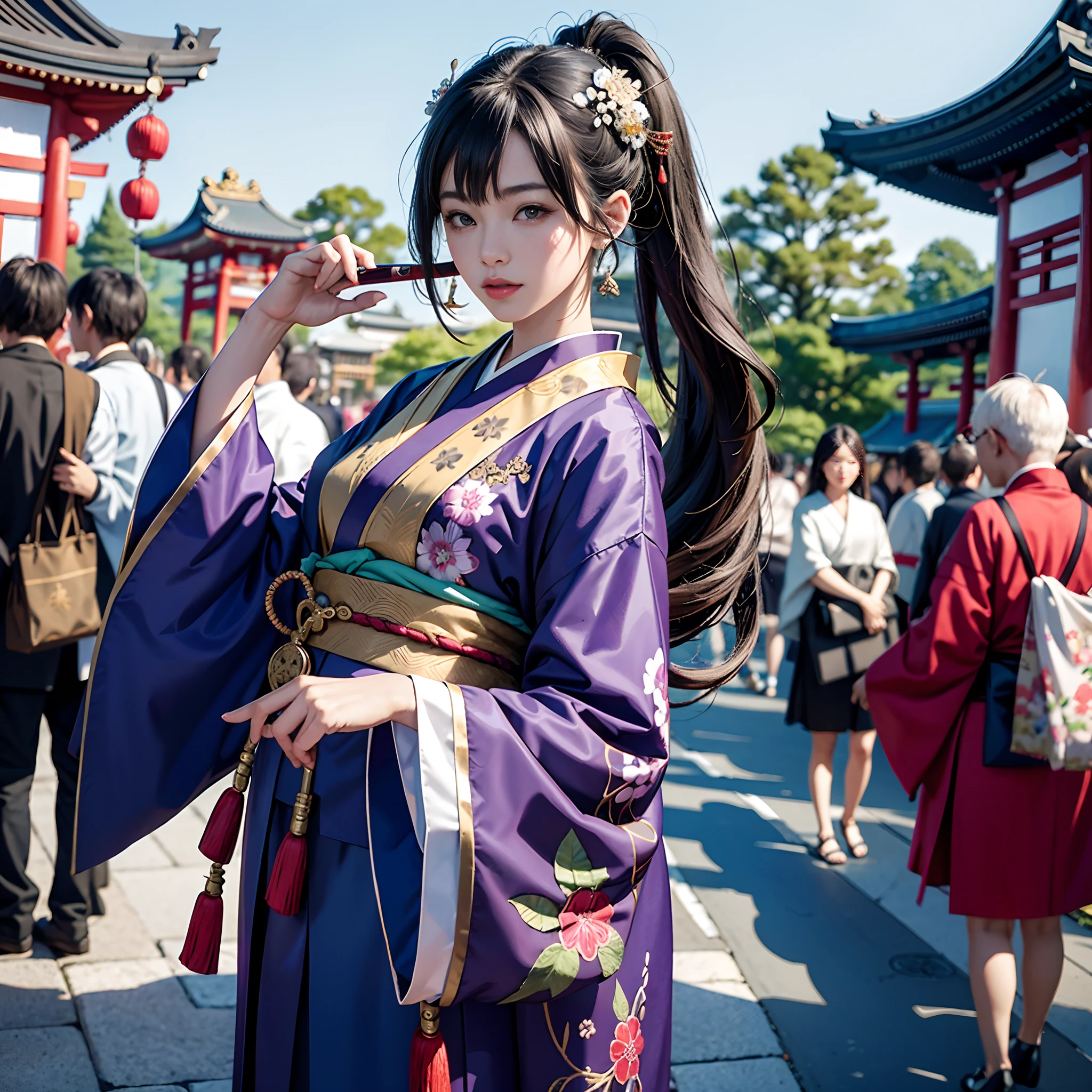BRAEK,Background of details(Temples and shrines in Asakusa(Crowds)),BREAK,elaborate costume{Luxury kimono(Colorful kimono(detailed embroidery,))}、1womanl(Japanese actressl:1.2)(face perfect(Shy):1.2),Depicting a beautiful and classy adult woman,glossy dark hair(poneyTail:1.2),Heart in the eye, Wallpapers 16K,Blur the background with a sickle,((masutepiece)), ((Best Quality)),{{a portrait photo of}},full body Esbian