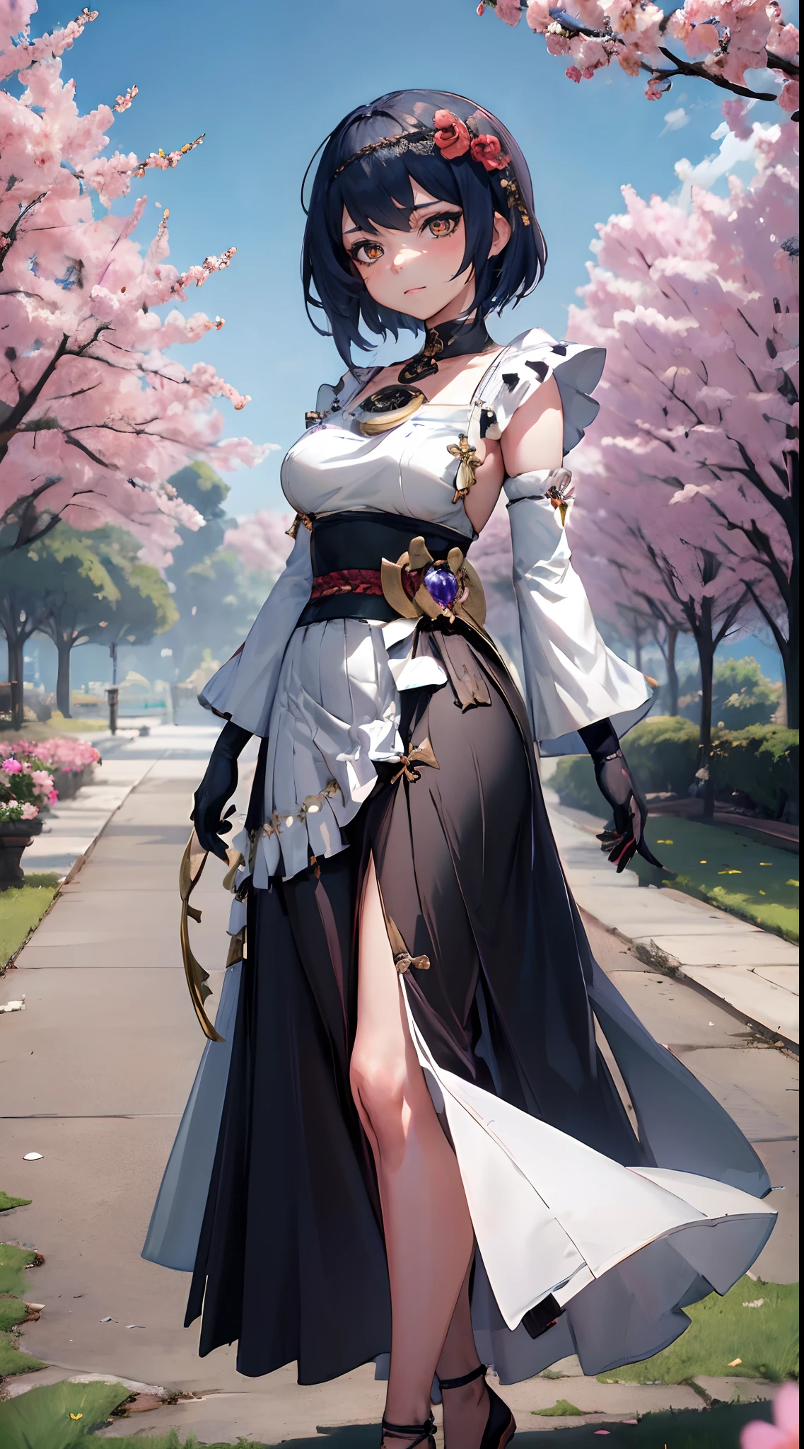 Kujou Sara| genshin impact, master-piece, bestquality, 1girls,25 years old, proportional body, proportional., Wedding Dresses, White Wedding Dress, Long skirt, Big skirt, mediuml breasts, ,bara, choker, Standing in the middle of a flower garden, outdoor, The sky is beautiful, arm behind back, View viewers from the front., Thigh strap, Head tilt, bored, HD, slight smile,