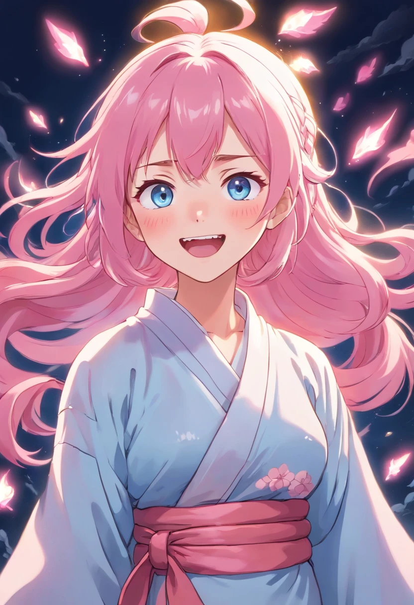 girl with light pink kimono and long light pink laughing pink hair and light blue eyes angry anime style