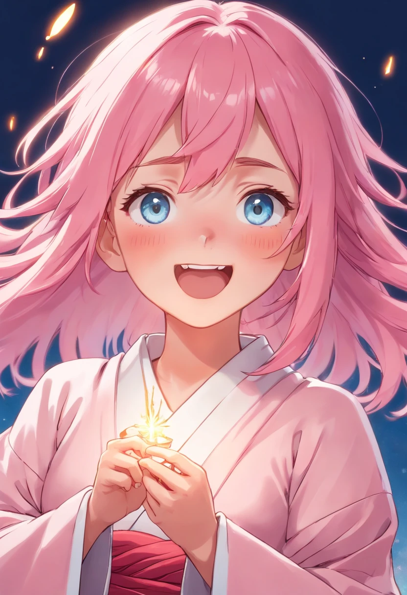 girl with light pink kimono and long light pink laughing pink hair and light blue eyes angry anime style