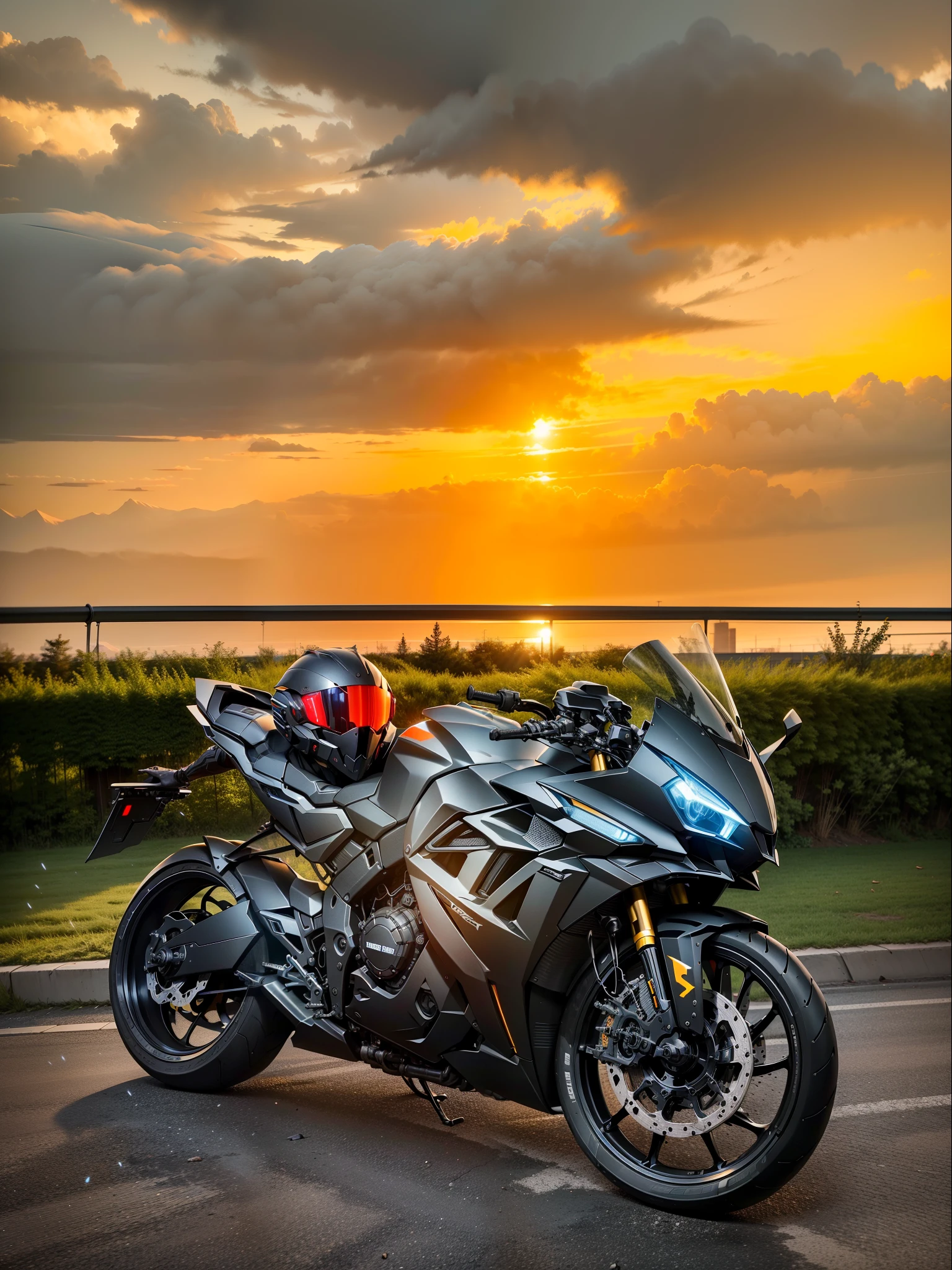 Black Cyber mechanical motorcycle，High-tech black full enveloping helmet，Nousr， Biomechanicals，High-tech helmet，hyper realisitc， steel， Complex design， insanely details， finely detailled， Extremely clear lines， cinmatic lighting， photograph realistic， A Detailed Masterpiece