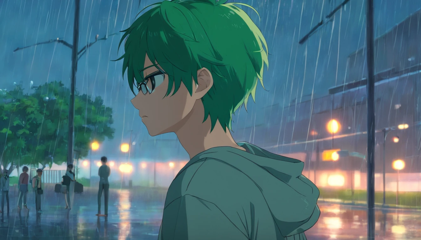 1 boy, eye patch, green hair, gray t-shirt, standing in the rain, park background, end down, head bowed, sad face