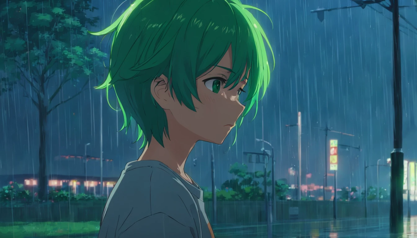 1 boy, eye patch, green hair, gray t-shirt, standing in the rain, park background, end down, head bowed, sad face