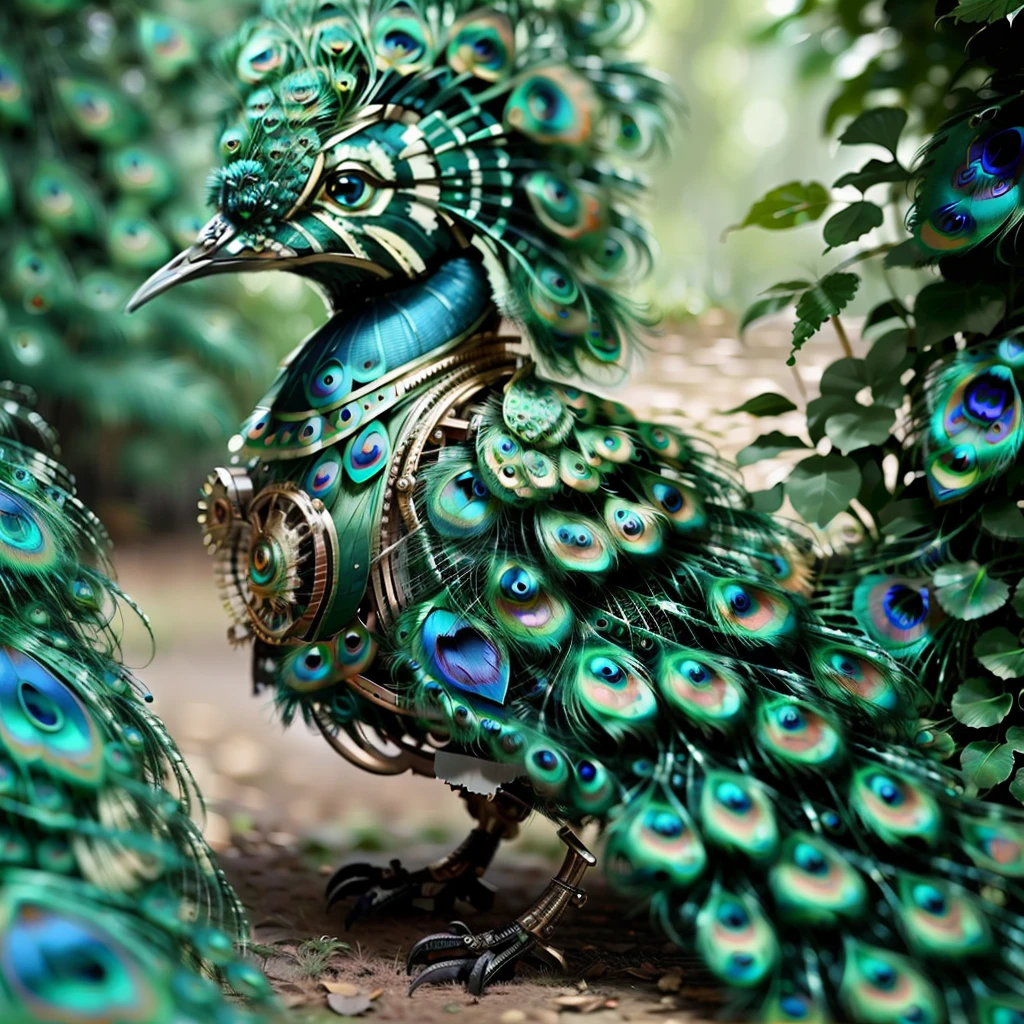 ((masterpiece)), ((best quality)), 8k, high detailed, ultra-detailed, A (peacock:1.3) mechanical bird, jungle