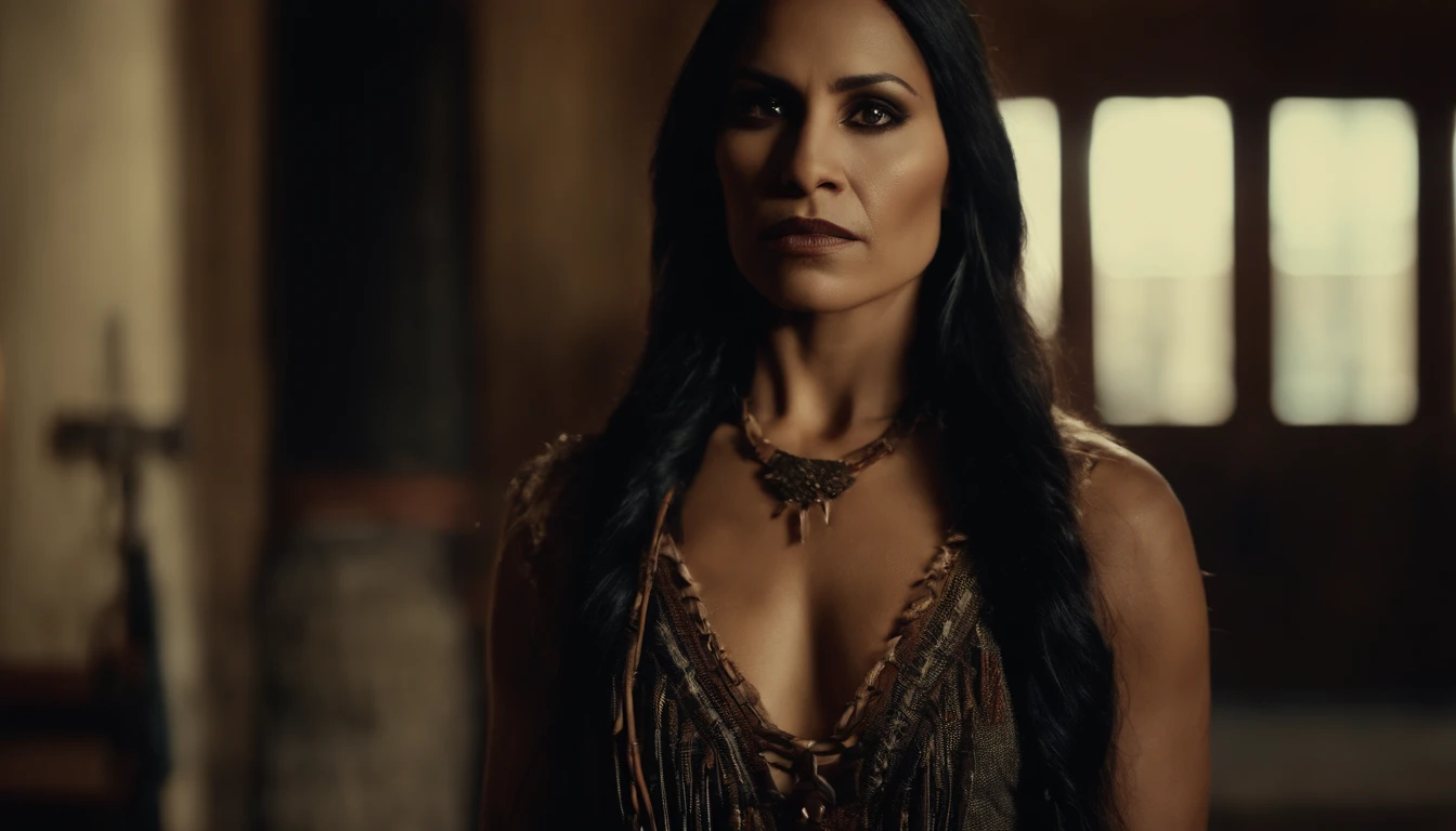 A beautiful  Native American woman, a vampire, has a Chicano style about her, has a great physique, soft demeanor, very mature, and wields a weapon