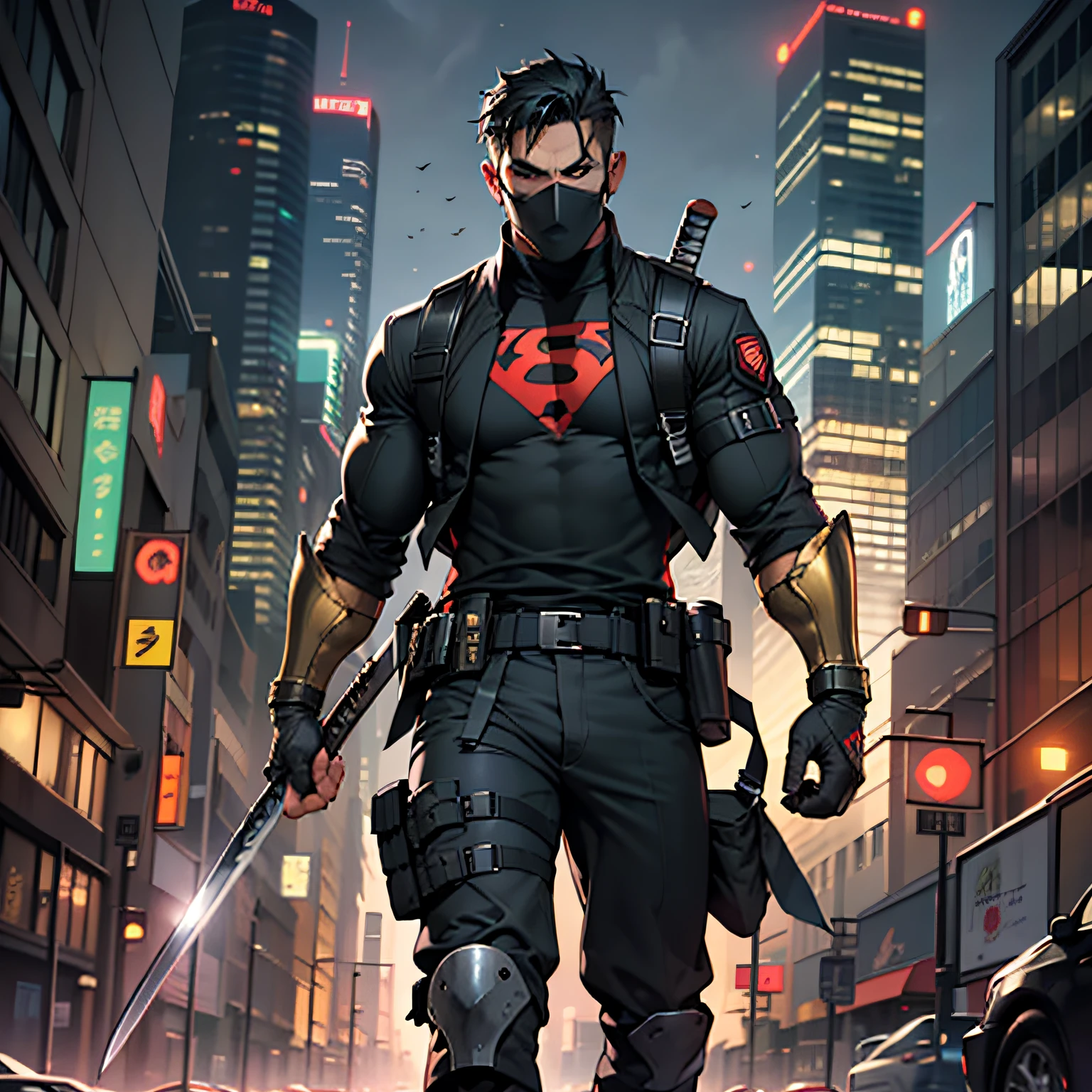((realistic: 1.5)),((best quality)), ((masterpiece)),((detailed)), man, short black hair, vigilante mask, tactical superhero outfit, katana on the back, military boots, brass knuckles in the middle of the chest as symbol, black and gray clothes, just outside of the city with evening cityscape in the background