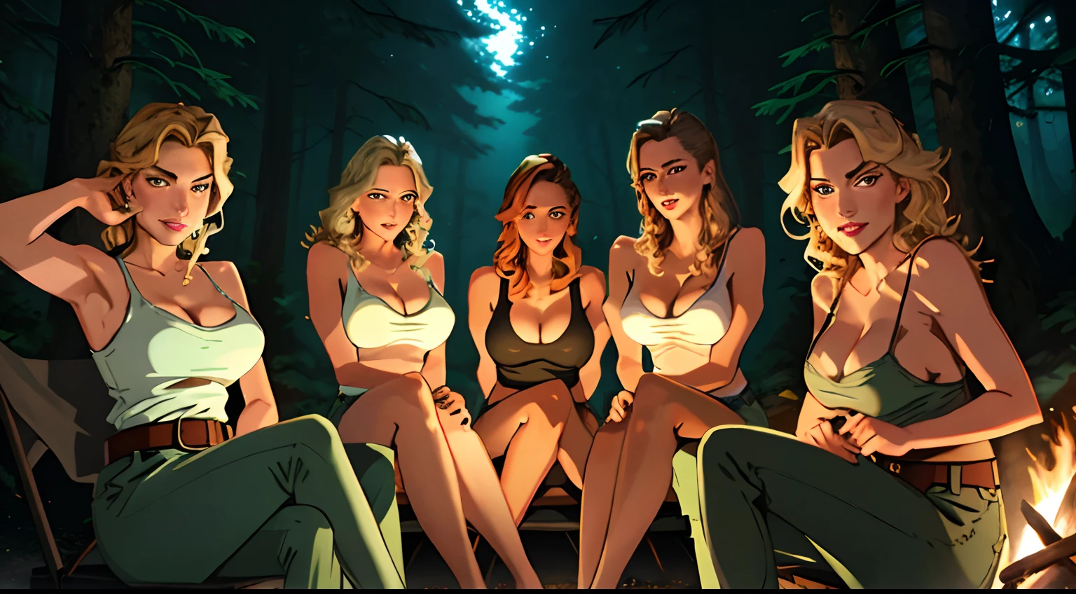 multiple helga Sinclair's, sitting around a campfire, parted lips, hair over shoulder, evil smirk, large breasts, cleavage, white tank top, green pants, belt, night, stars, forest, campfire, looking at viewer, volumetric lighting, best quality, masterpiece, realistic,