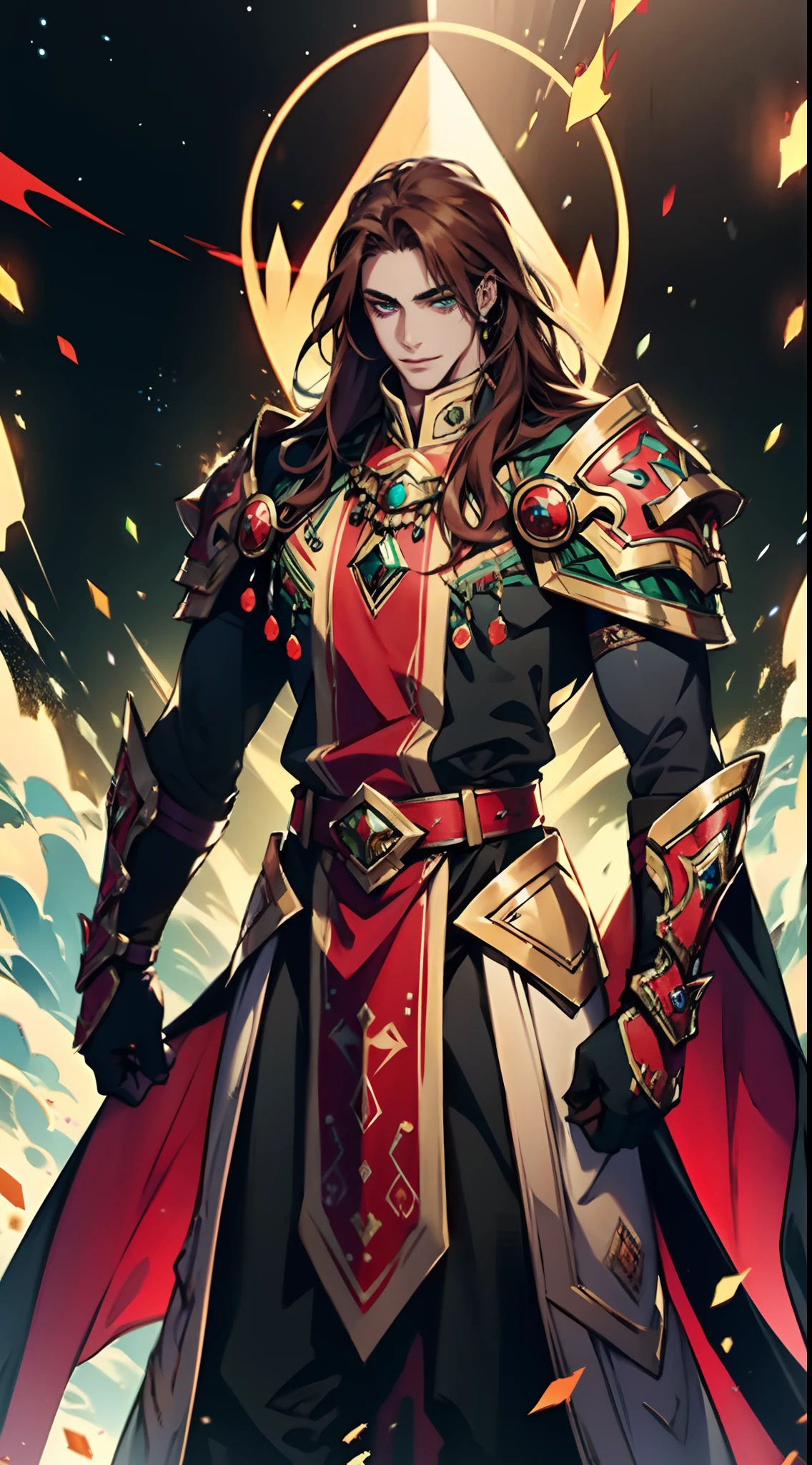 A man with long reddish-brown hair, wearing a red headband, an Eastern European face, deep and confident eyes, a confident smile, a red elongated totem mark on his face, a tall and strong physique, he wears a fantasy-style overlord attire, a blue-gold thick breastplate, a black tight-fitting undershirt, a massive cloak with heavy metal decorations, that cloak covers most of his body, thick red and blue heavy gauntlets, a metal belt with a thick long skirt-like hem, black pants, metal leg guards that match the gauntlets, he steps on the space with an awe-inspiring presence, red and blue and green energy surrounds him, red and blue and green Power surrounds him, white frost swirls around him, blue ice around him, red fire around him, purple Lightning around him, this character embodies a finely crafted fantasy-style overlord in anime style, characterized by an exquisite and mature manga illustration art style, high definition, best quality, highres, ultra-detailed, ultra-fine painting, extremely delicate, professional, anatomically correct, symmetrical face, extremely detailed eyes and face, high quality eyes, creativity, RAW photo, UHD, 8k, Natural light, cinematic lighting, masterpiece:1.5