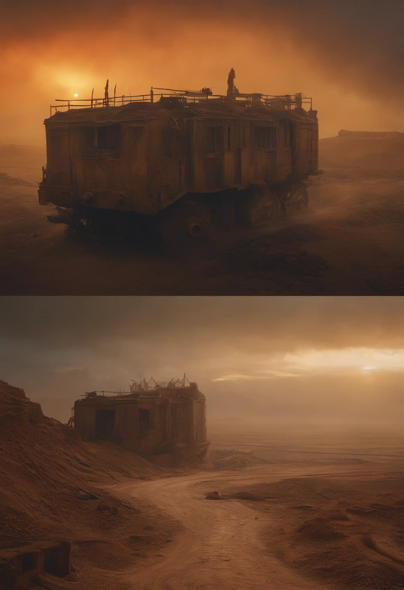 apocalyptic city,ruined buildings,postapocalyptic,Zdzislaw Beksiński,madmax: Fury Road,low key lighting,tmasterpiece,Detailed details,k hd,Tyndall effect