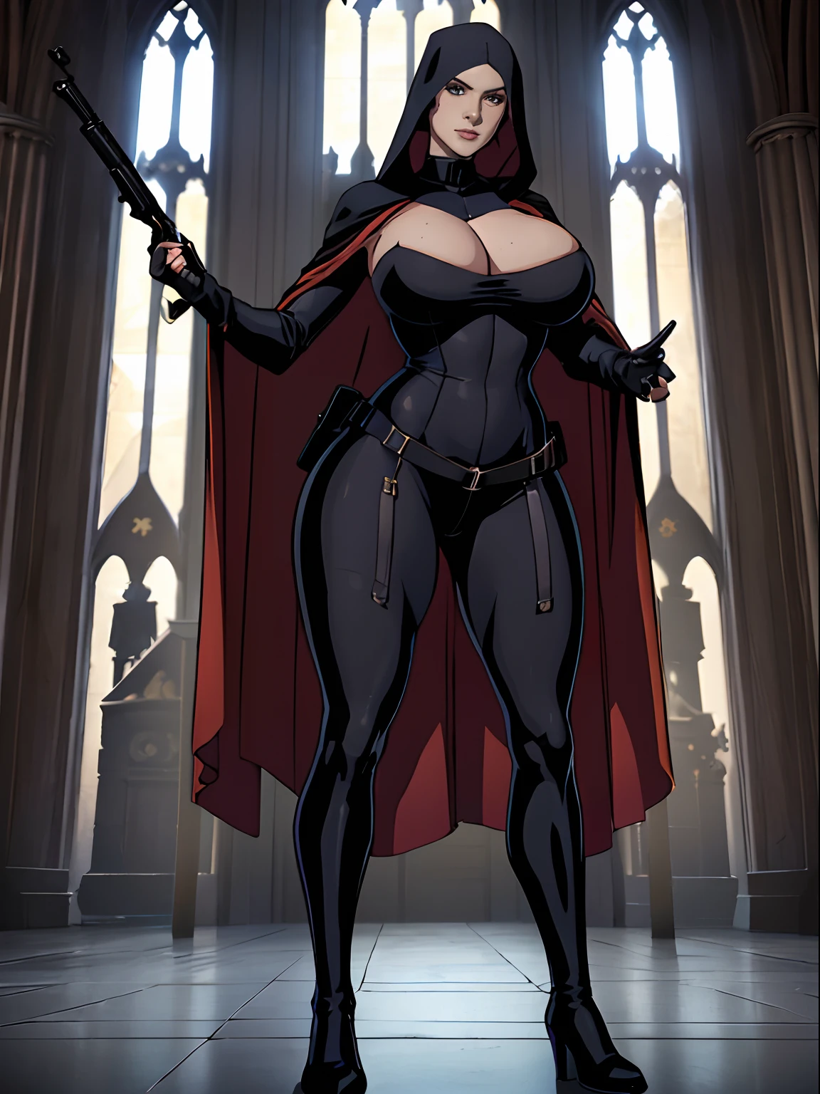 (masterpiece, top quality, best quality, official art, beautiful and aesthetic:1.2), (1girl:1.3), light freckles, fair skin, extremely detailed, portrait, looking at viewer, solo, (full body:0.6), detailed background, close up, (dark gothic theme:1.1), nun with guns, charlatan, smirk, mysterious, swaggering through cathedral, modest attire, black habit, cowl, nun hood, wimple, thigh-high boots, bodysuit, leotard, loose sleeves, cloak, corset, leather straps, ammunition pouches, long boots, submachineguns, SMGs, MP5s, thigh pouches, holsters, garters, ((((narrow hips, slim sexy body, gigantic breasts)))), slim waist, slim hips, long legs, modern (cathedral exterior:1.1) background, dark mysterious lighting, shadows, magical atmosphere, dutch angle,
