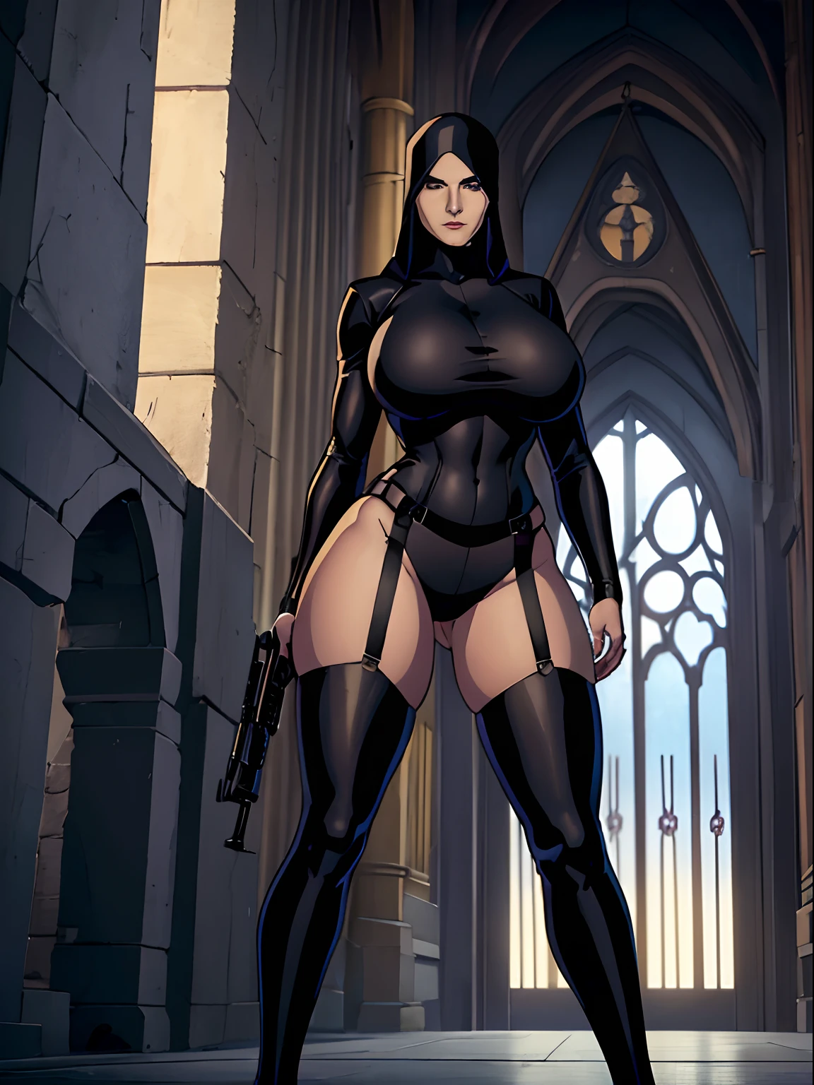 (masterpiece, top quality, best quality, official art, beautiful and aesthetic:1.2), (1girl:1.3), light freckles, fair skin, extremely detailed, portrait, looking at viewer, solo, (full body:0.6), detailed background, close up, (dark gothic theme:1.1), nun with guns, charlatan, smirk, mysterious, swaggering through cathedral, modest attire, black habit, cowl, nun hood, wimple, thigh-high boots, bodysuit, leotard, loose sleeves, cloak, corset, leather straps, ammunition pouches, long boots, submachineguns, SMGs, MP5s, thigh pouches, holsters, garters, ((((narrow hips, slim sexy body, gigantic breasts)))), slim waist, slim hips, long legs, modern (cathedral exterior:1.1) background, dark mysterious lighting, shadows, magical atmosphere, dutch angle,
