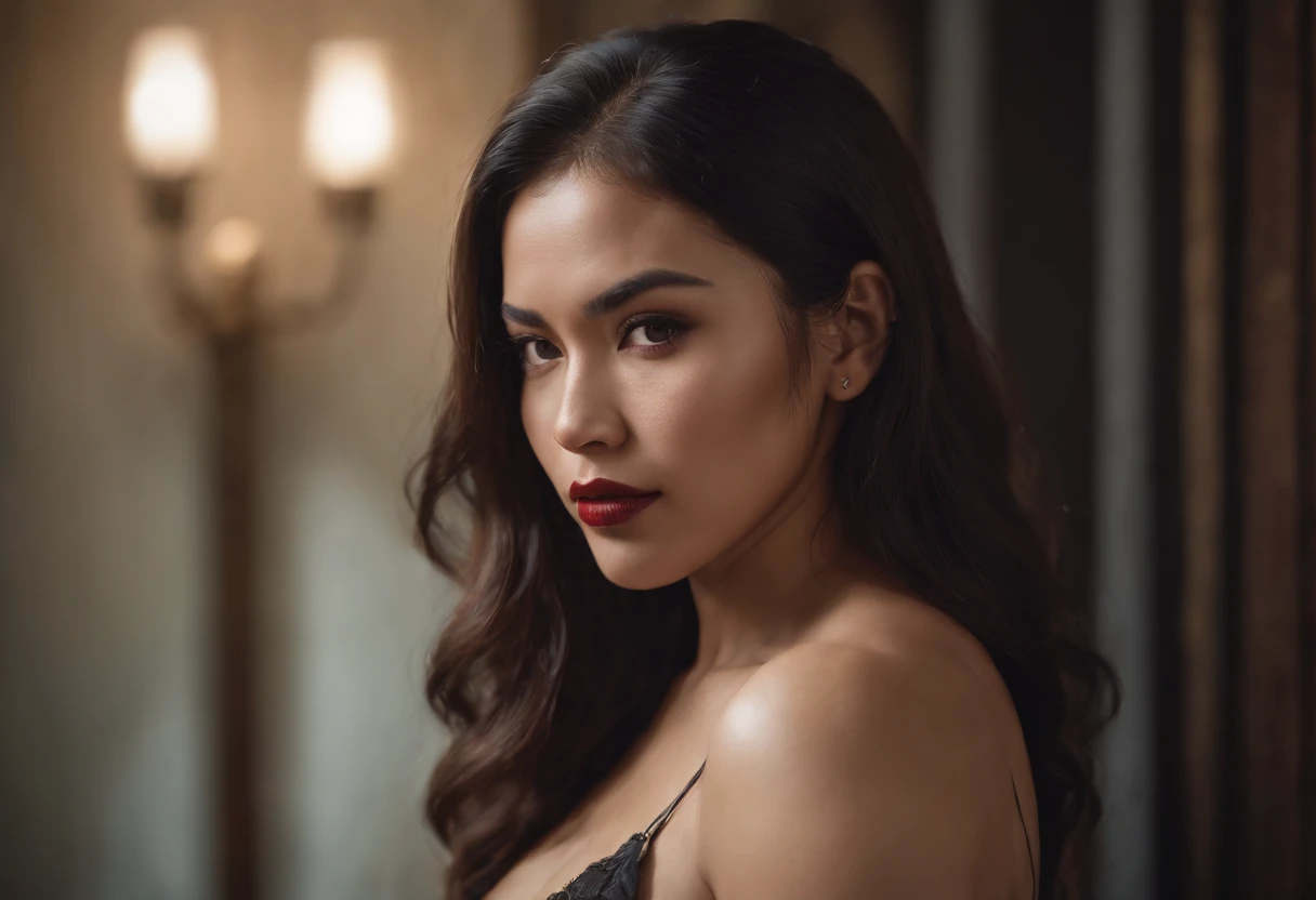 A beautiful half Filipino and half Samoan woman, a vampire, has a Chicano style about her, has a great physique, soft demeanor, mature, curvaceous, and wields a weapon.