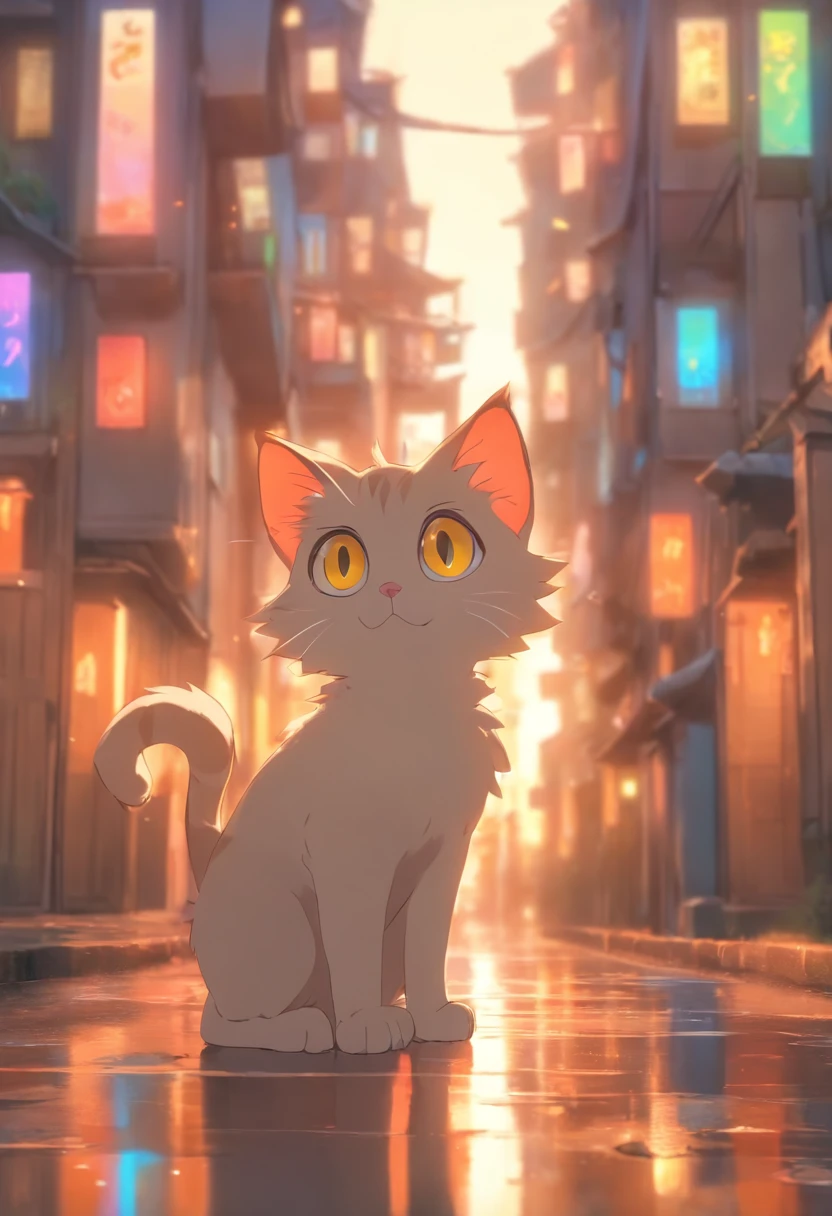A cute cat standing on a street filled with buildings,Has big eyes,Blushlush,Lazy,greet,high detal