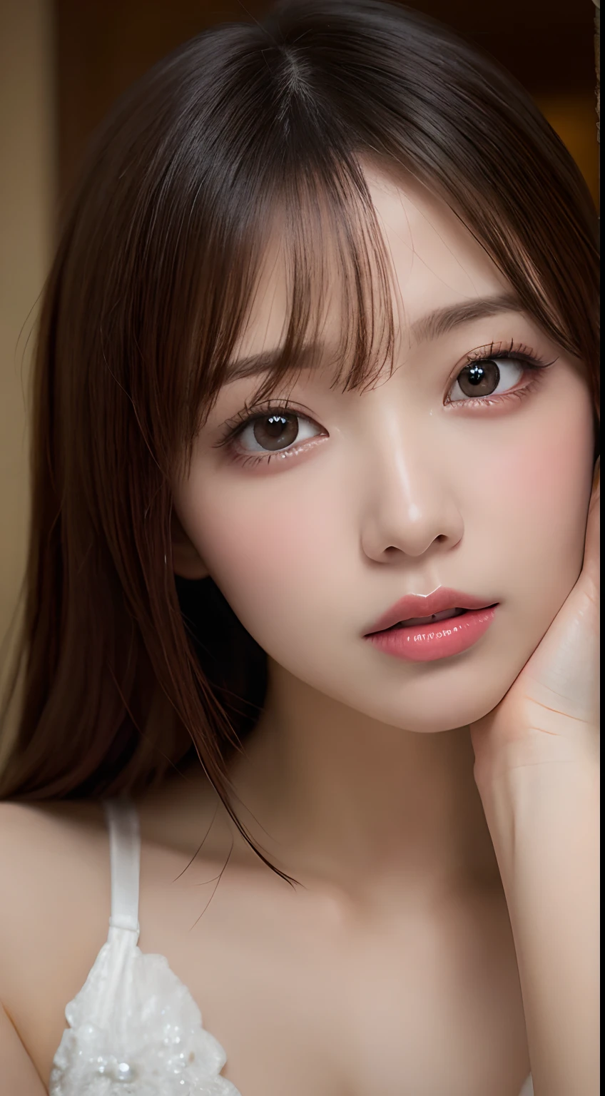 Ulzzang-6500-v1.1, (RAW Photos:1.2), (Photorealistic), Beautiful detailed girl, (Genuine: 1.4), Very detailedな目と顔, Beautiful and fine details, Snow Scene、Large file size, High resolution, Very detailed, highest quality, [masterpiece:1.6], Awareness-raising, Very detailed, Hmph, In detail, highest quality, 8k wallpaper, Cinema Lighting, One Girl, , Small, flat chest、Perfect figure, Cute droopy eyes、Beautiful big eyes、beautiful girl, ((Tabletop)), highest quality, One Girl, eye shadow, Upper Body, Portraiture, ((Close-up of face:1.2))、