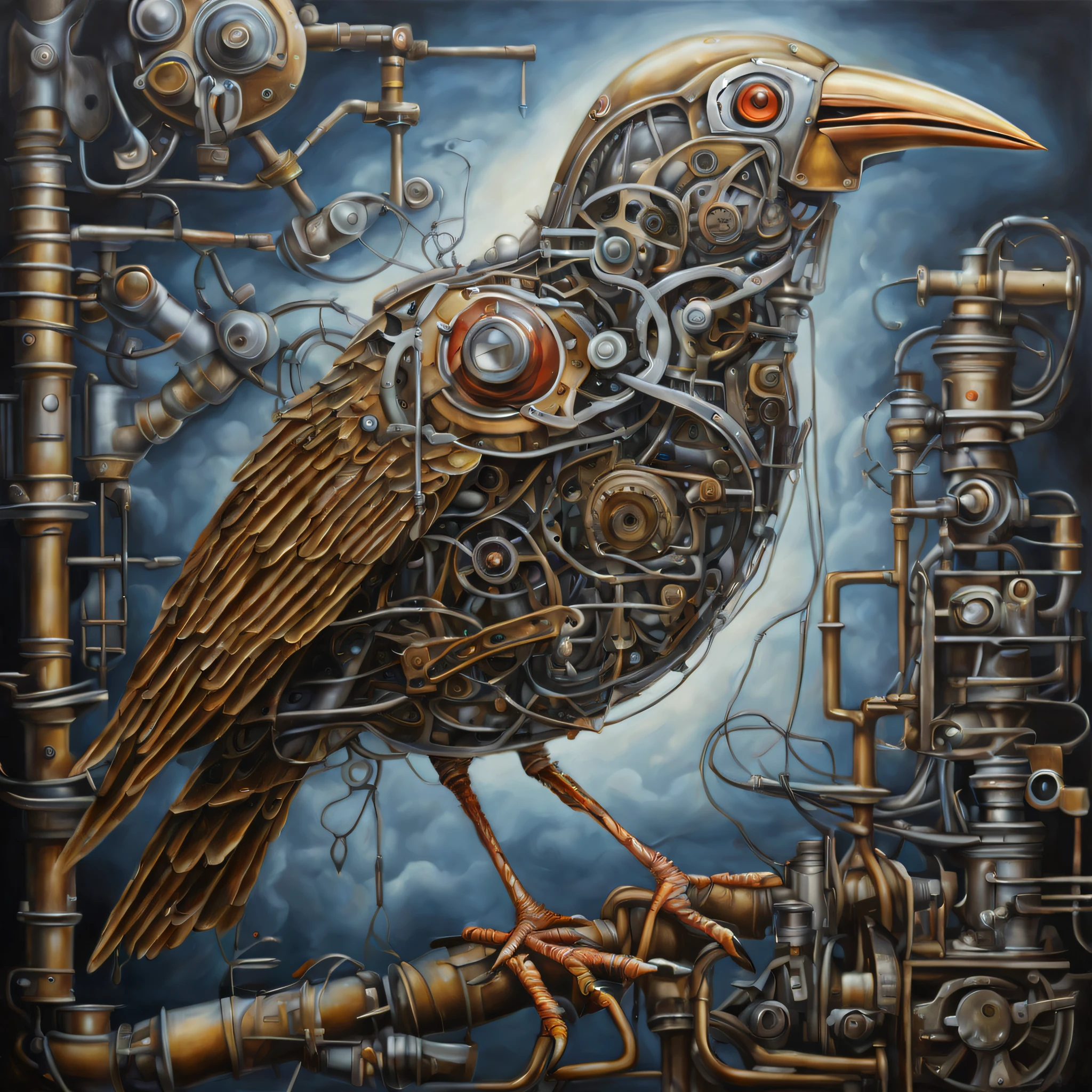 intricate insane detail oil paint of include mechanical bird illustration, try to keep this pain inside, dignity, living, behind my own illusion, never break away, trapped in dim glow sky, try to keep my mouth so quiet, grace, overflows smoke, from the anger that is constantly inside, highly quality, extremely detailed texture, delicate touch,