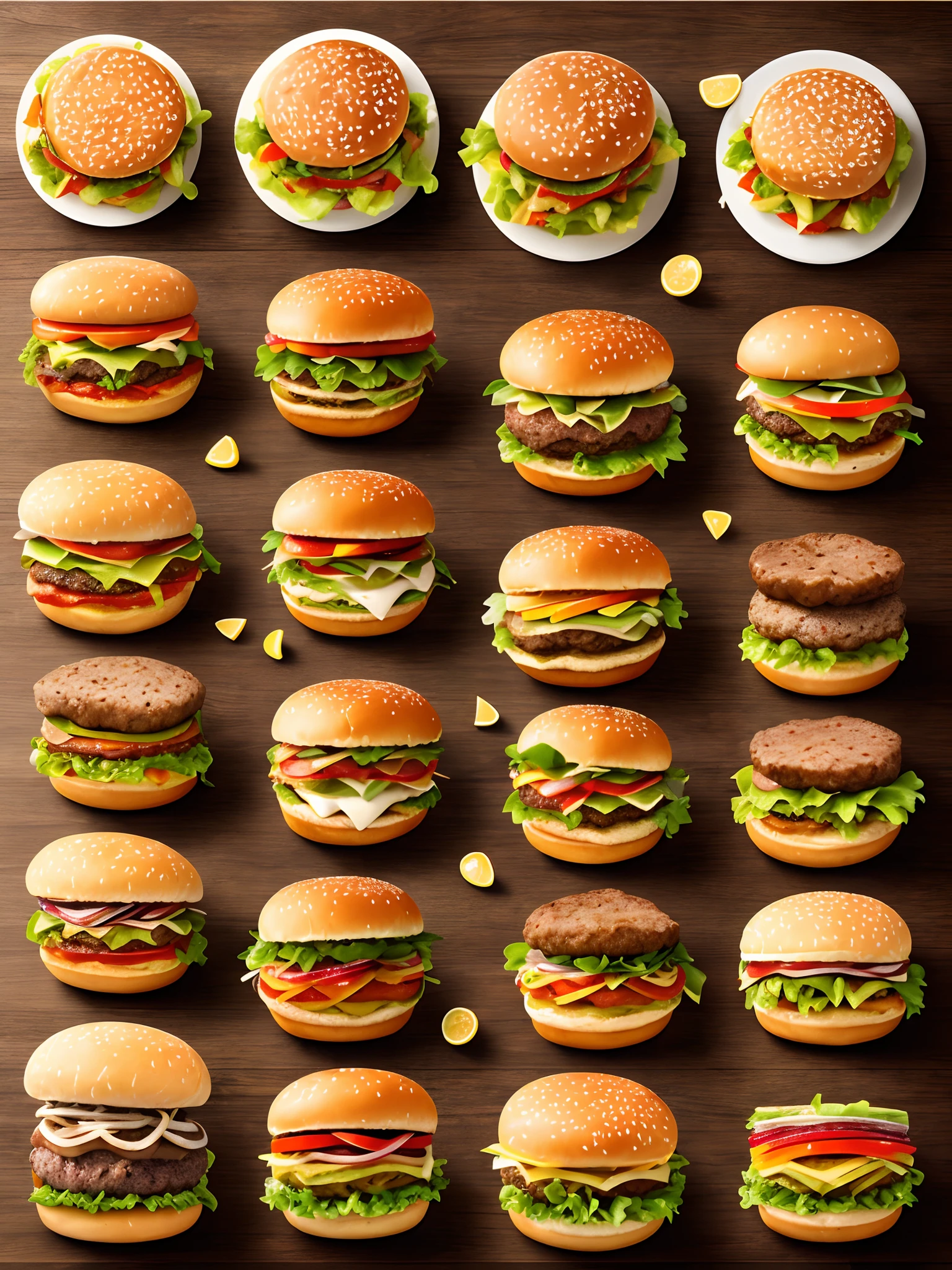 Rows of burgers,cheeseburger，Big Mac,hyper realistic photography,Sizzle feeling，Comparison，A hyper-realistic，Juiciness，4k,Fun to choose