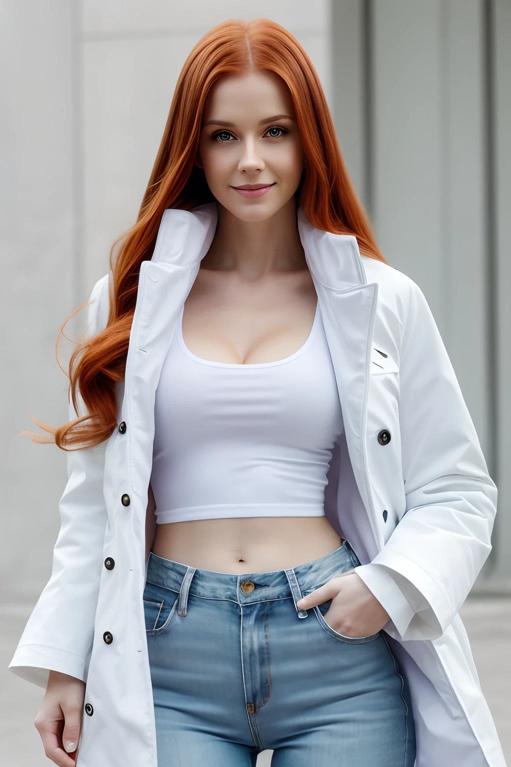 Best Quality, 4k, Masterpiece, Art, Anthropomorphic white fox, not human, not human, Not a human face, Correct anatomy, The Right Perfect Fingers, white coat, redhead hair,,,,, White clothes, white top,Jeans (White), jacket (White), fursona art, beautiful breasts (Covered), Simple White Background, White White, green pupils, sly look, ssmile