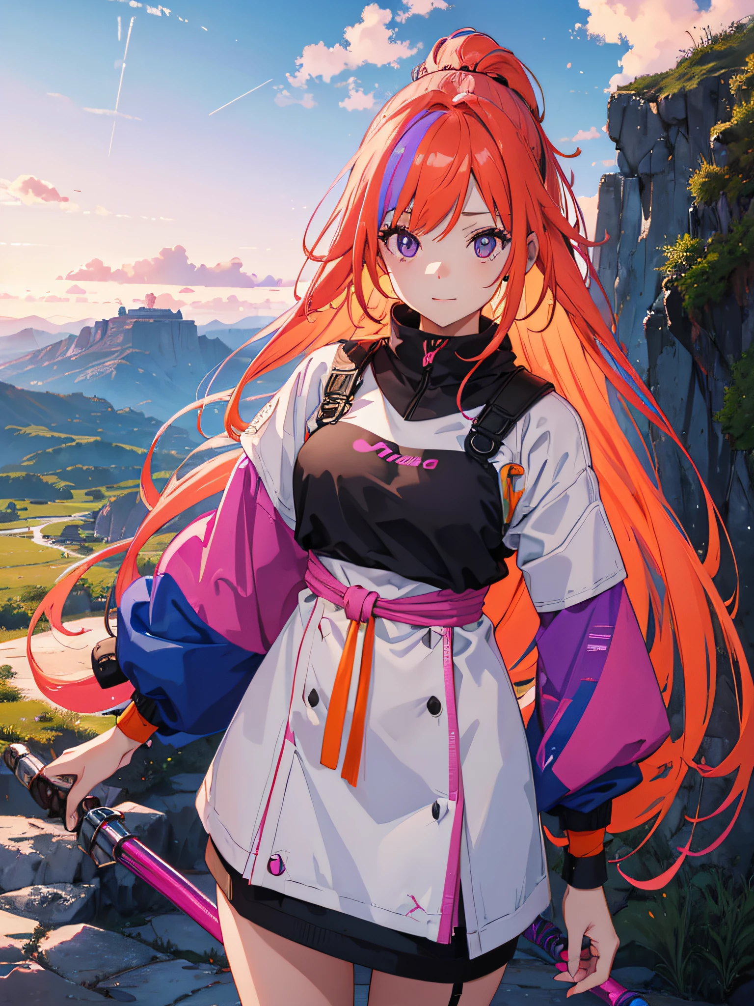 Girl with long hair, multicolored hair (Pink, Orange, Violet), Bosozoku, sledgehammer above shoulder, happy background with various fun colors, {extremely detailed 8k CG unit wallpaper}, expansive landscape photography, (a view from below with focus on the character and the setting), (wide open field view), (low angle shot), (high light: 1.5), (low light: 1.5), (warm light source: 1.0), details complex, (iridescent colors: 1.0), (bright lighting), (atmospheric lighting), dreamy, magical, fun