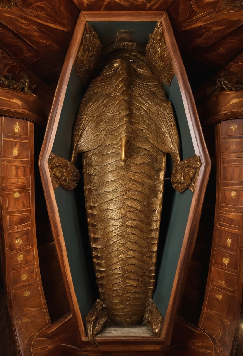 sarcophagus，There is a dragon inlay，Rich coffin，Hanging coffin，You can see the whole coffin，detail-rich，k hd，Perspective looking up