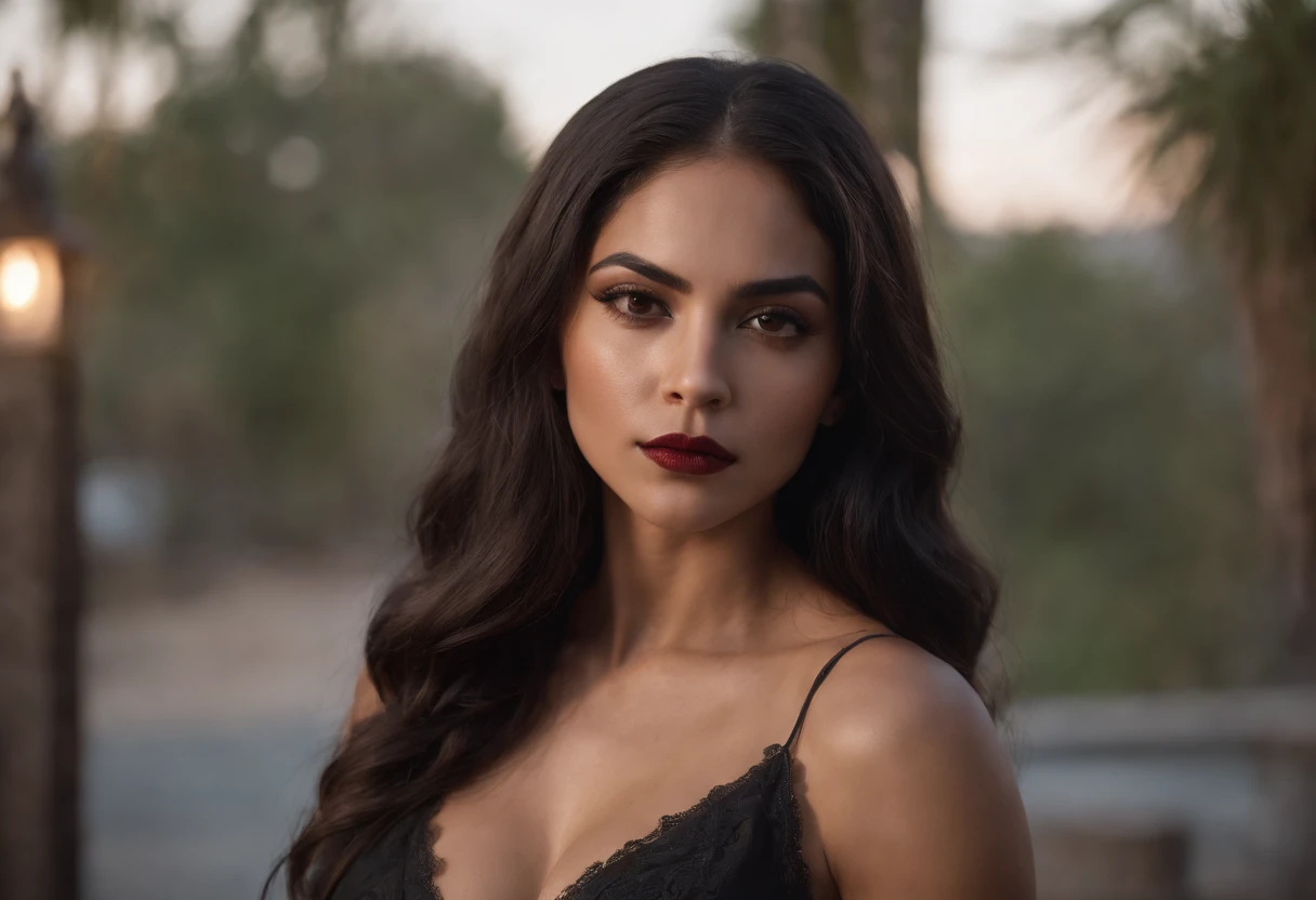 A beautiful half black and half Mexican woman, a vampire, has a Chicano style about her, has a great physique, soft demeanor, mature, and wields a weapon.