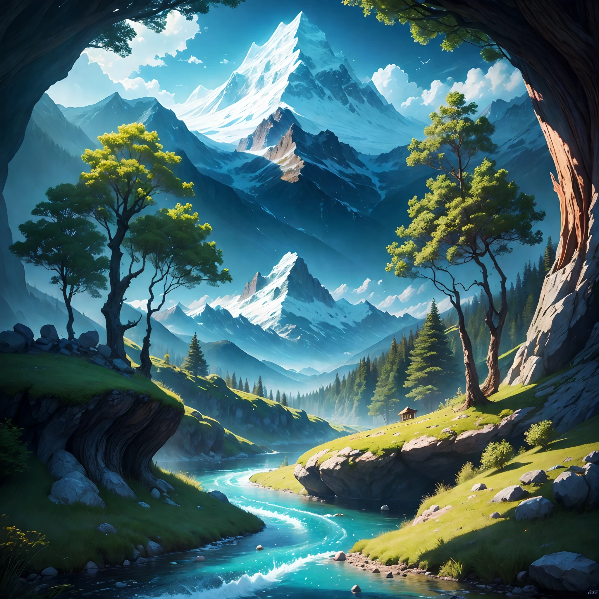 make a beautiful wonderland mountain river with fantasy forest with a planet on the sky