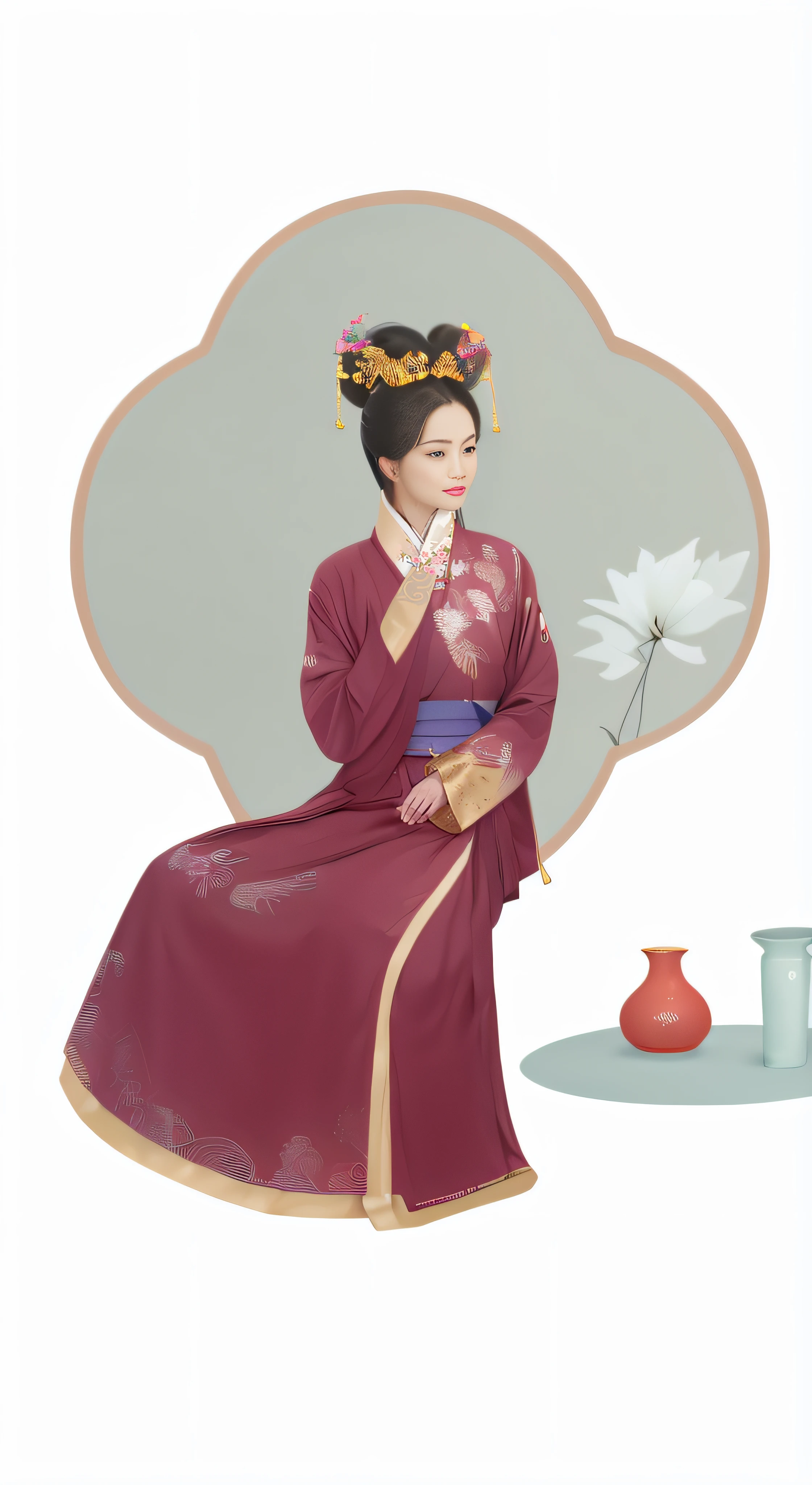 A close-up of a concubine in a Tang costume sitting next to the table, Princesa chinesa antiga, Wearing ancient Chinese clothes, chinese empress, ancient china art style, palace ， A girl in Hanfu, Hanfu, inspired by Tang Di, an ancient Chinese goddess, Inspired by Qiu Ying, ancient asian dynasty princess, inspired by Gu An, inspired by Yun-Fei Ji