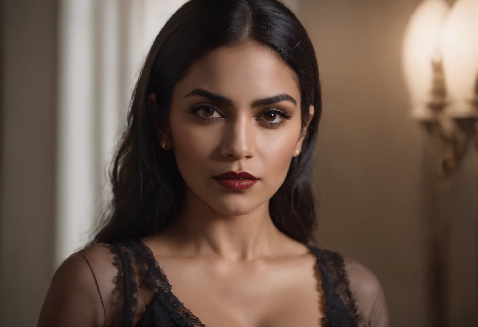 A beautiful half black and half Mexican woman, a vampire, has a Chicano style about her, has a great physique, soft demeanor, mature, and wields a weapon.