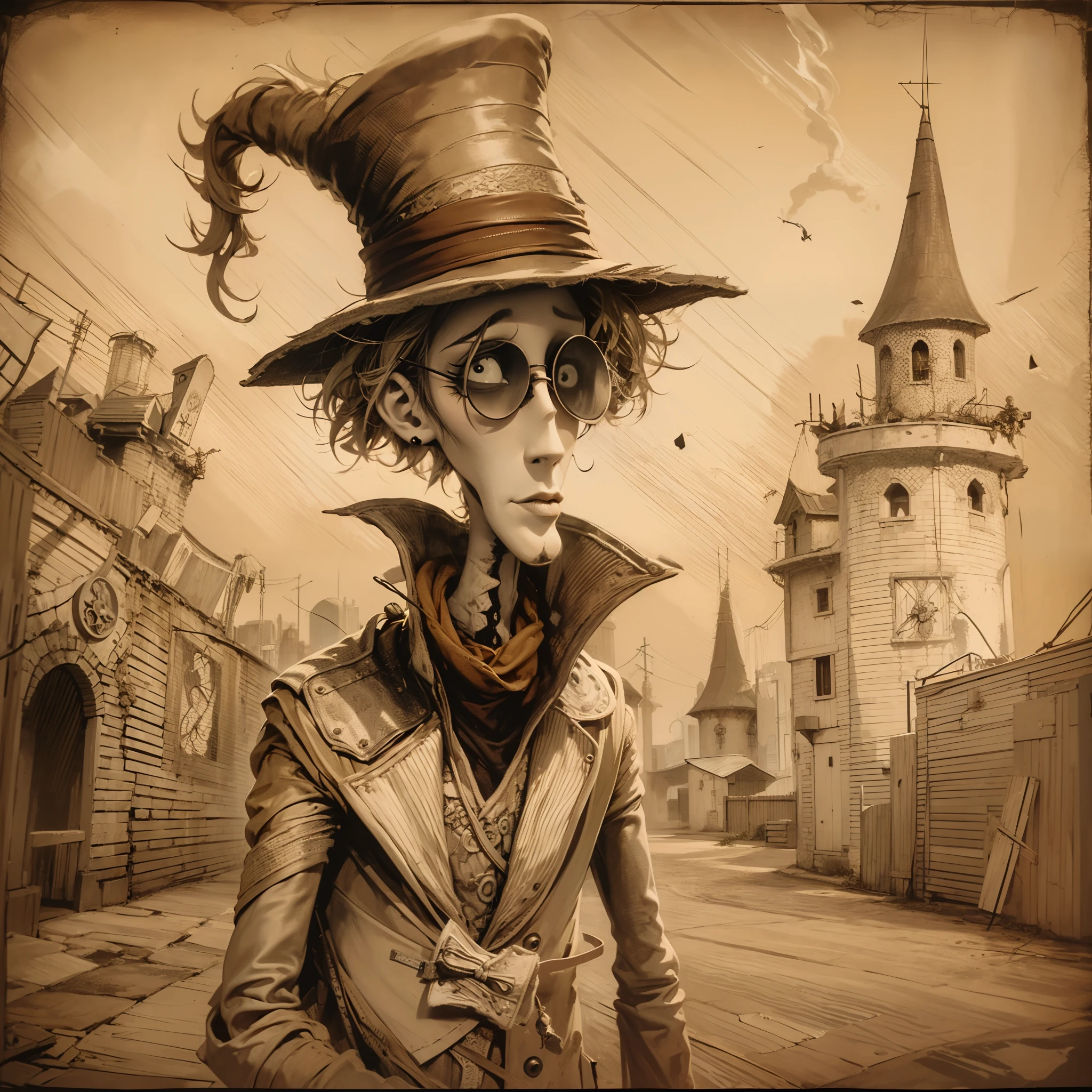 caricatura,tim burton style, sepia color,hombre asutadizo, gabardina, tonos oscuros, castillo retorcido atmosfera epica,un hombre con un sombrero, gafas redondas grandes, bufanda roja hasta el suelo,