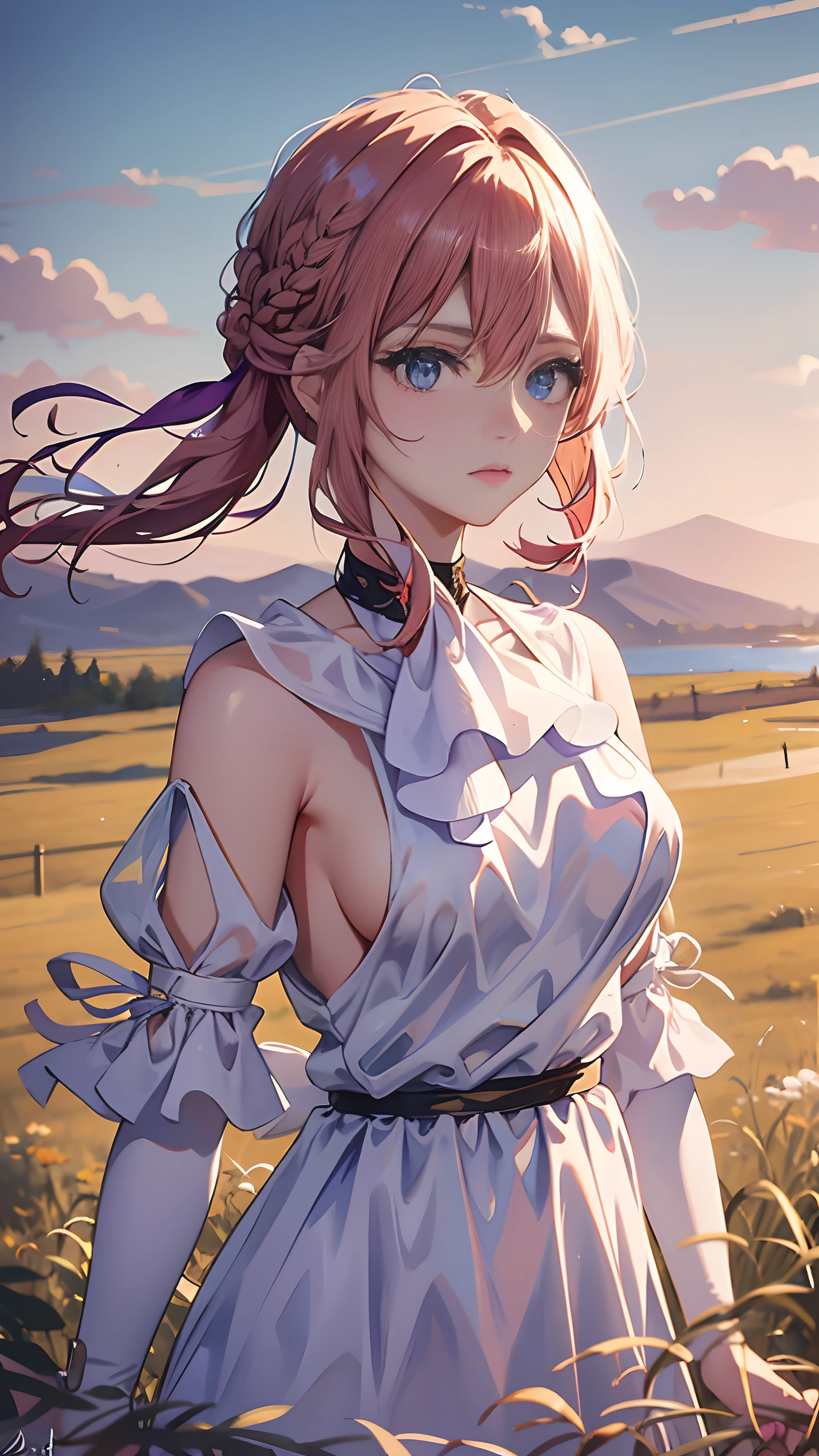 Violet, 1girll, Solo, view the viewer, Blue eyes, Blonde hair, ribbon, hair between eye, jewelry, Closed mouth, Greek clothes, Hair ribbon, Upper body, Braid, Outdoors, sky, day, Cloud, Blurry, Red ribbon, Blue sky, ascot, The background is blurred out, hair intakes, Greek-style white dress, corsage, white ascot, Masterpiece, anime big breast,