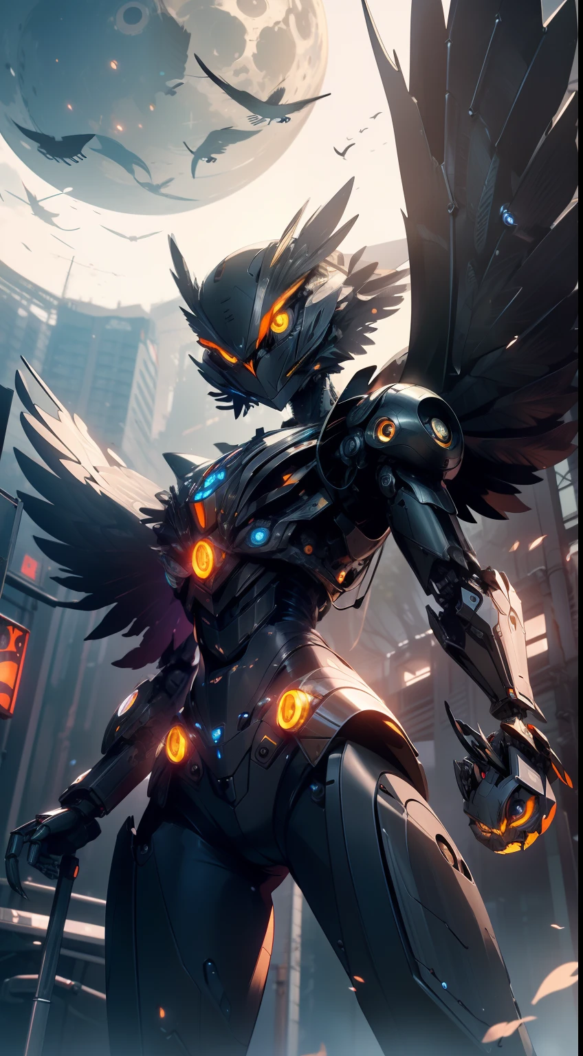 a robotic owl looking at the viewer, (masterpiece), best quality, ((mechanical wings open wide made of metal)), (owl), (((no_humans))), robotic, mechanical, animal, feathers, glowing eyes, scary,night, horror, animal focus, trees, moon, glow, dark, steampunk