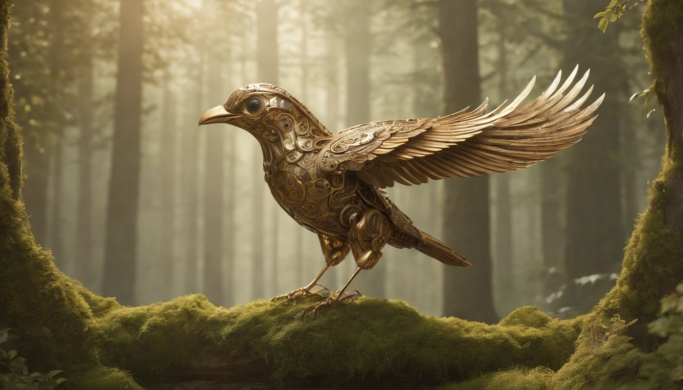 A mechanical bird, crafted with precision and adorned with ornate gears, takes flight in a clockwork forest. Its metallic wings beat in perfect synchrony, sending metallic echoes through the densely woven foliage of brass and copper trees. As it soars through this surreal realm, the bird's plumage of polished bronze gleams in the soft, perpetual twilight cast by countless pendulum-like branches. In this enchanted forest, every leaf is a cog, every tree a majestic timepiece. The mechanical bird becomes a symbol of both nature and artifice coexisting harmoniously, a testament to the artistry of the clockwork world. Best quality, intricate details, clean lines, eye-catching composition, soft tones, anime realism, capturing the essence of mechanical marvel amidst natural beauty, an awe-inspiring illustration