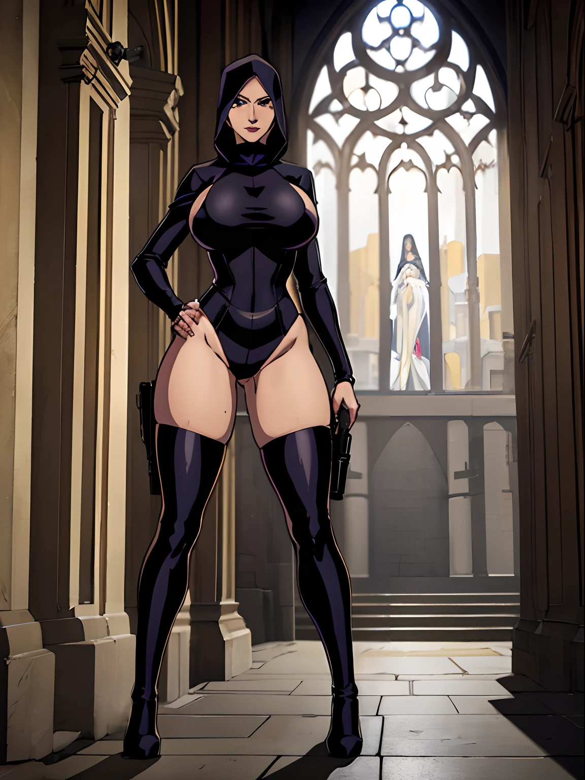 (masterpiece, top quality, best quality, official art, beautiful and aesthetic:1.2), (1girl:1.3), light freckles, fair skin, extremely detailed, portrait, looking at viewer, solo, (full body:0.6), detailed background, close up, (dark gothic theme:1.1), athletic busty petite nun with guns, charlatan, smirk, mysterious, swaggering through cathedral, modest attire, black habit, cowl, nun hood, wimple, thigh-high boots, bodysuit, leotard, corset, thigh-highs, tights, loose sleeves, cloak, leather straps, ammunition pouches, long boots, submachineguns, SMGs, MP5s, thigh pouches, holsters, garters, ((((narrow hips, slim sexy body, gigantic breasts)))), slim waist, slim hips, long legs, modern (cathedral exterior:1.1) background, dark mysterious lighting, shadows, magical atmosphere, dutch angle,