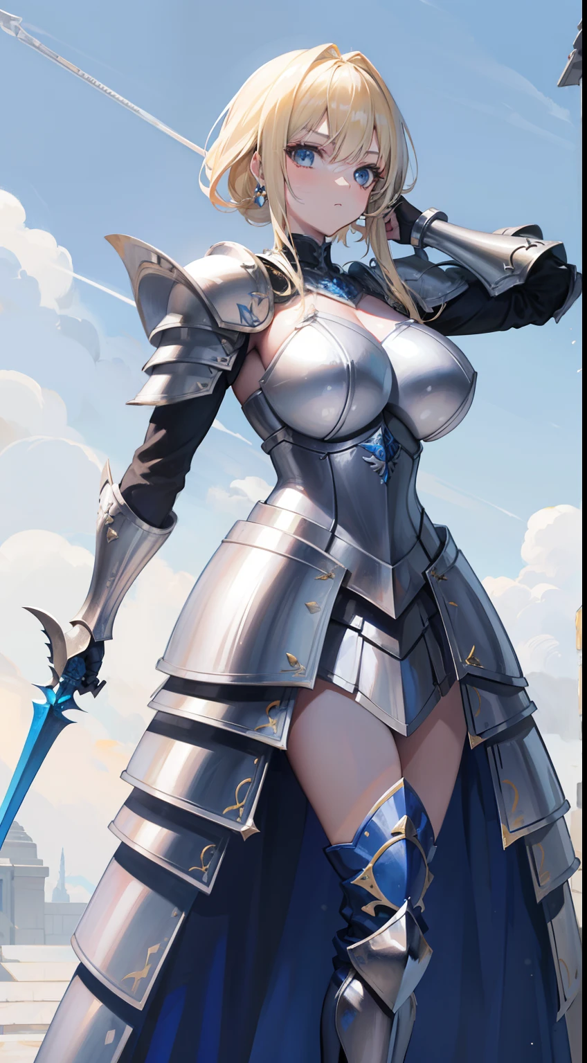 Artoria Lancer, mature woman, chic, hair blonde, greeneyes, curved, tails, bare one shoulder, trunk, 4k resolution, high qualiy, halberd, armour