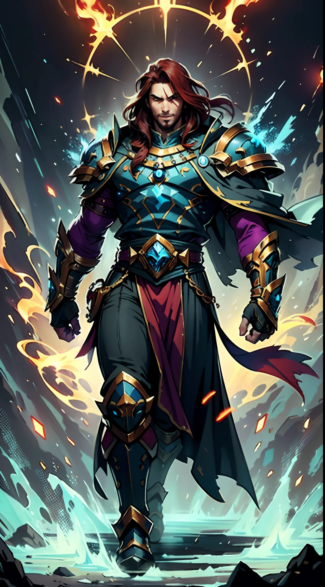 A man with long reddish-brown hair, wearing a red headband, an Eastern European face, deep and confident eyes, a confident smile, a red elongated totem mark on his face, a tall and strong physique, he wears a fantasy-style overlord attire, a blue-gold thick breastplate, a black tight-fitting undershirt, a massive cloak with heavy metal decorations, that cloak covers most of his body, thick red and blue heavy gauntlets, a metal belt with a thick long skirt-like hem, black pants, metal leg guards that match the gauntlets, he steps on the space with an awe-inspiring presence, red and blue and green energy surrounds him, red and blue and green Power surrounds him, white frost swirls around him, blue ice around him, red fire around him, purple Lightning around him, this character embodies a finely crafted fantasy-style overlord in anime style, characterized by an exquisite and mature manga illustration art style, high definition, best quality, highres, ultra-detailed, ultra-fine painting, extremely delicate, professional, anatomically correct, symmetrical face, extremely detailed eyes and face, high quality eyes, creativity, RAW photo, UHD, 8k, Natural light, cinematic lighting, masterpiece:1.5
