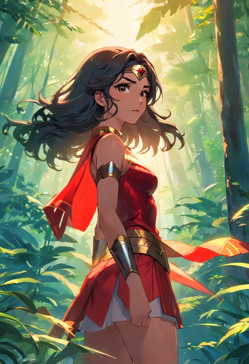 mujer afroperuana de labios muy grandes y rojos, cabezllo rizado, vestida de wonder woman peruana en la selva