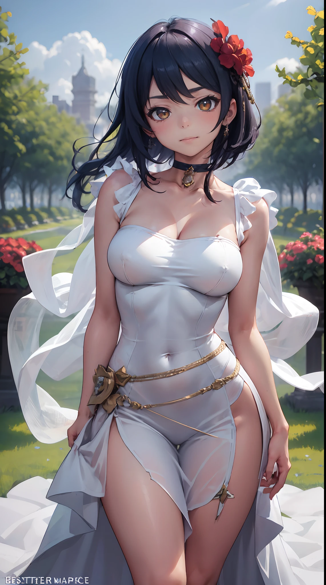 Kujou Sara| genshin impact, master-piece, bestquality, 1girls,25 years old, proportional body, proportional., Wedding Dresses, White Wedding Dress, Long skirt, Big skirt, mediuml , ,bara, choker, Standing in the middle of a flower garden, outdoor, The sky is beautiful, arm behind back, View viewers from the front., Thigh strap, Head tilt, bored, HD, slight smile,