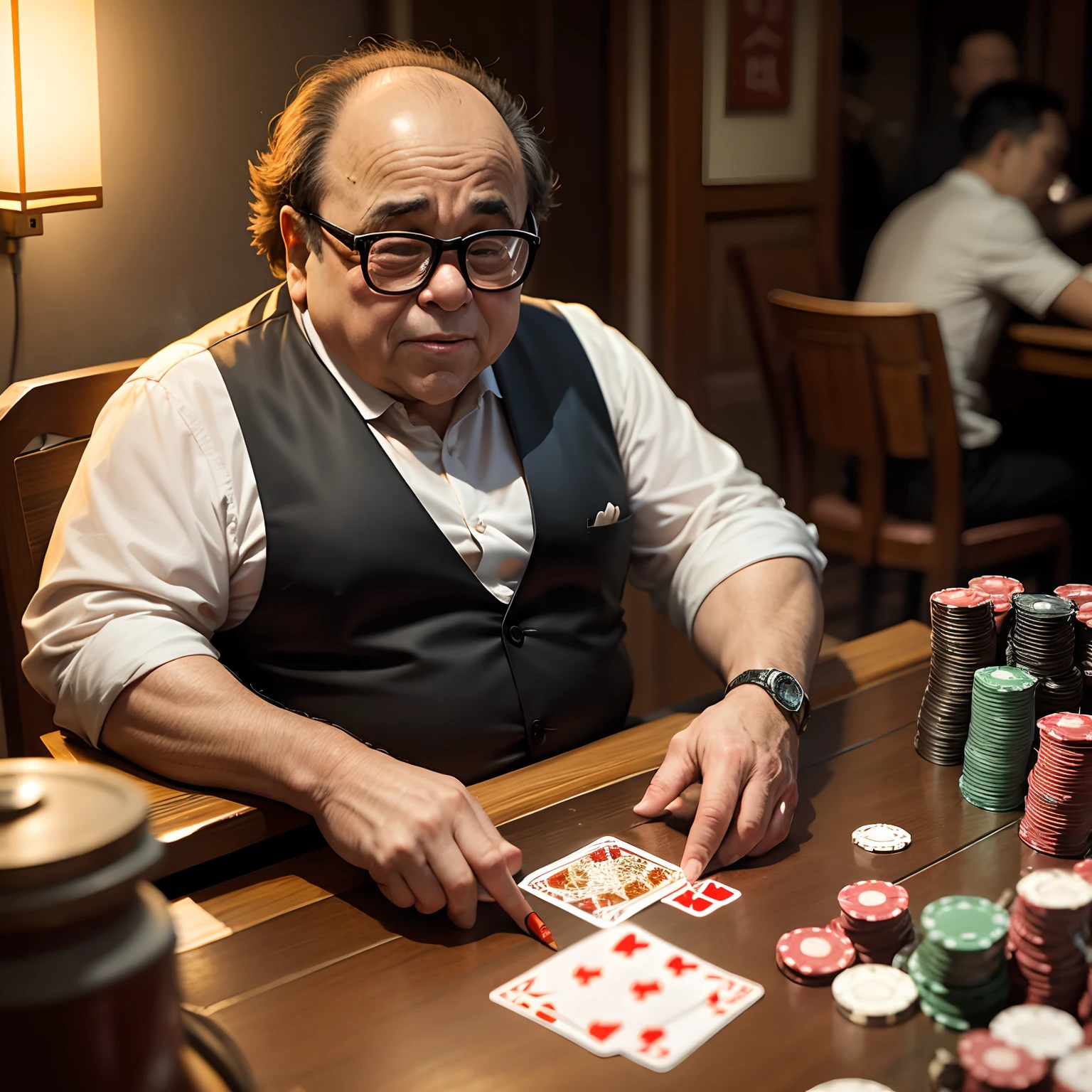 Danny Devito playing poker on a table in China smoking cigarettes with Chinese people